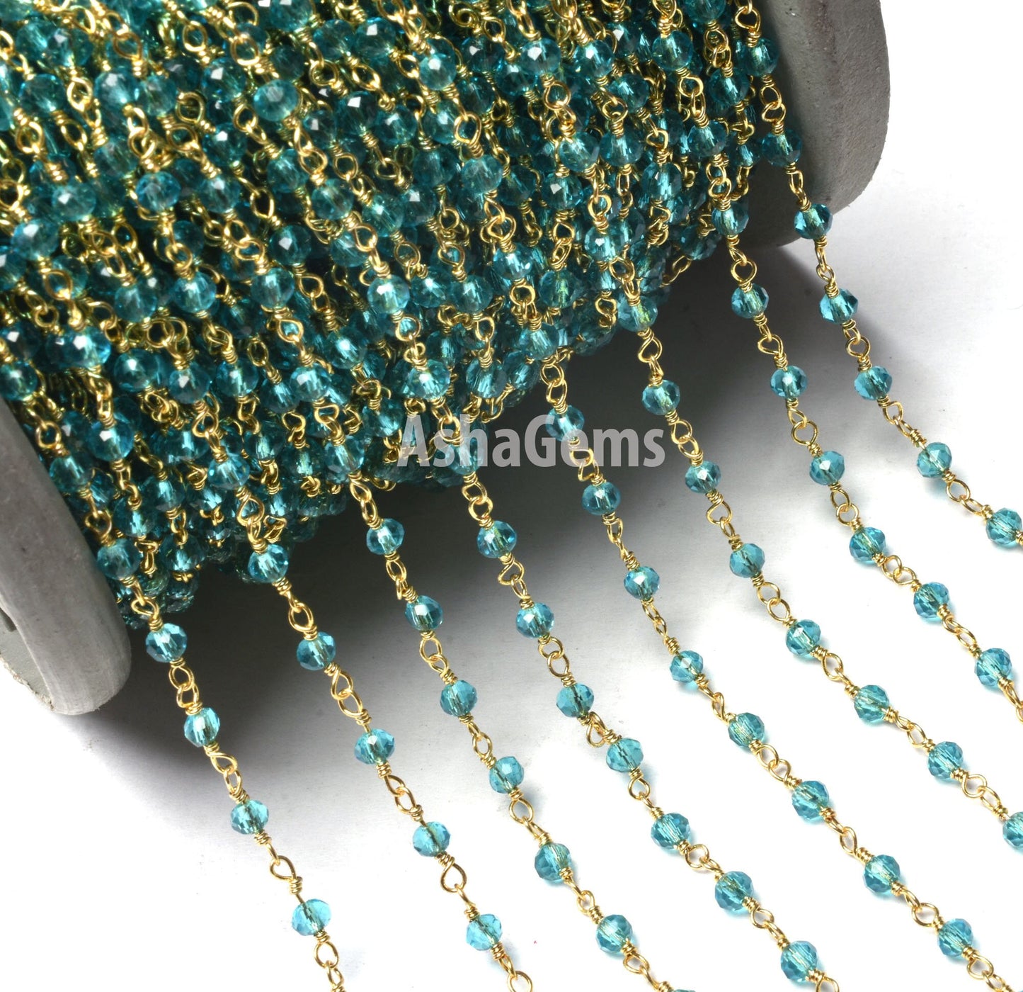 SALE 3,5,10,25 Feet Blue Topaz Hydro Faceted Rondelle Beaded Rosary Chain Gold Plated Wire,Jewelry Making Finding,Wire Wrapped Chain 3-3.5mm