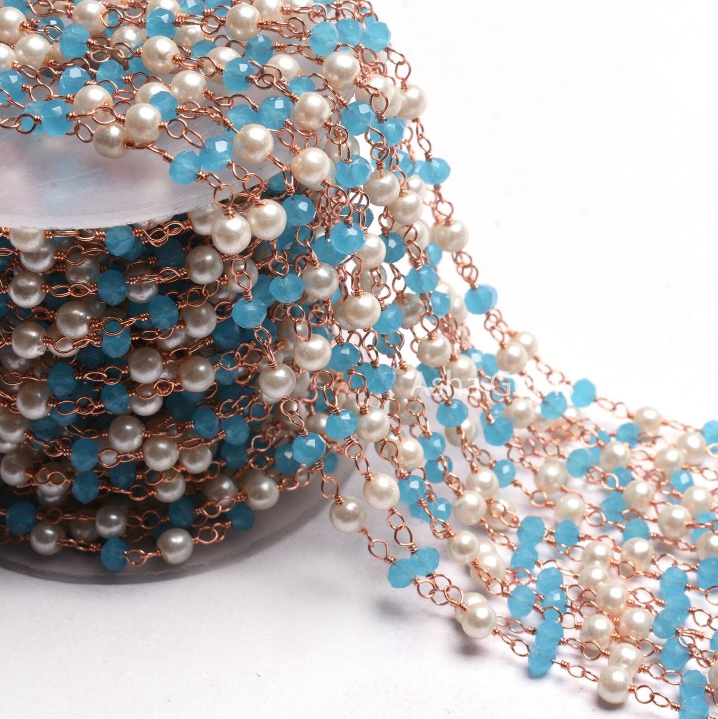 Beautiful Pearl Blue Chalcedony Hydro Faceted Rondelle Beads Rosary Chain Rose Gold Plated Copper Wire Wrap handmade Chain Jewelry Necklace