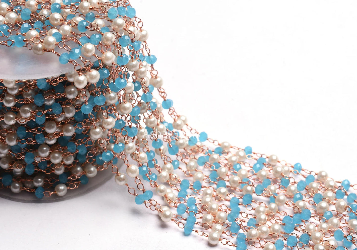 Beautiful Pearl Blue Chalcedony Hydro Faceted Rondelle Beads Rosary Chain Rose Gold Plated Copper Wire Wrap handmade Chain Jewelry Necklace