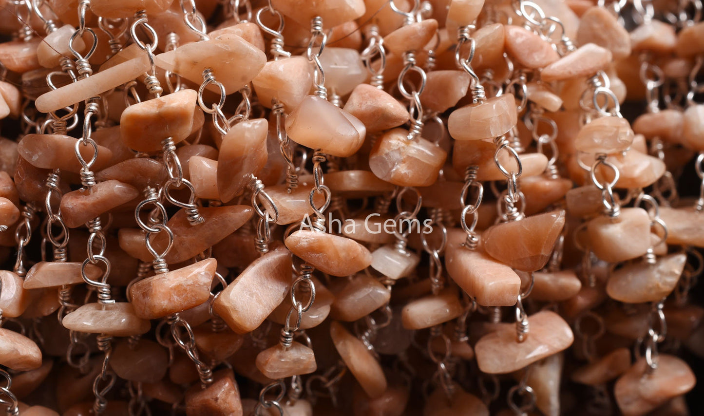 Natural Peach Moonstone Uncut Chip Beads Rosary Chain, Moonstone Raw Rough Gemstone Beaded Chain Silver Plated Wire Bulk Roll Chain Findings