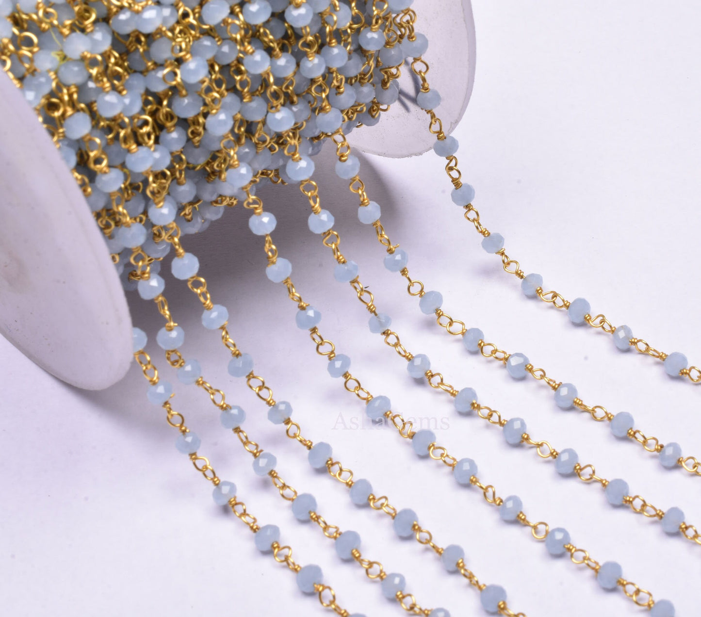 3,5,10 Feet,Aquamarine Hydro Faceted Rondelle Beaded Rosary Chain Gold Plated,Jewelry Making, Finding, Wire Wrapped Chain,3-3.5 mm