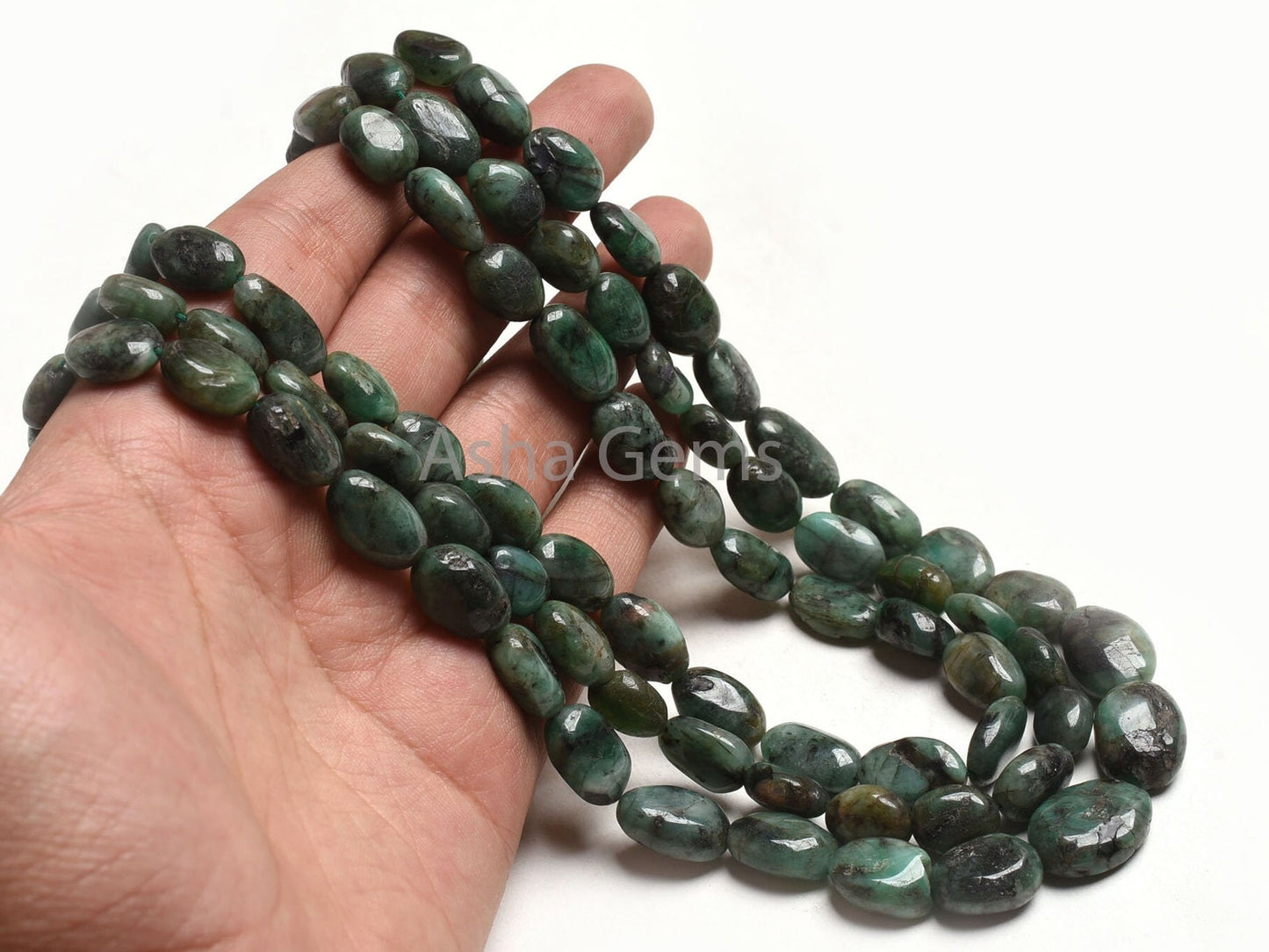 3 Strand Necklace Emerald Oval Smooth Beads, 7x10-12x17 mm Real Green Emerald Plain Handmade Uneven Oval Gemstone Bead Necklace Jewelry SALE