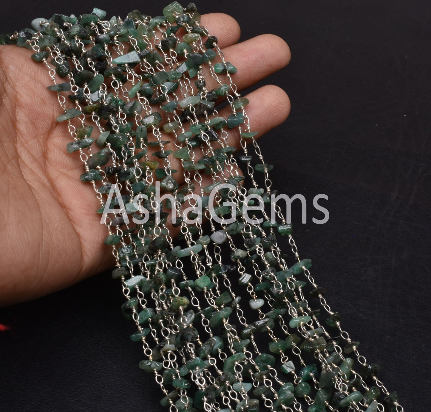 Natural Green Emerald uncut chip Beads Rosary Chain Silver Plated Wire Wrap Emerald Chip Beaded handmade Chains For Jewelry Necklace Crafts