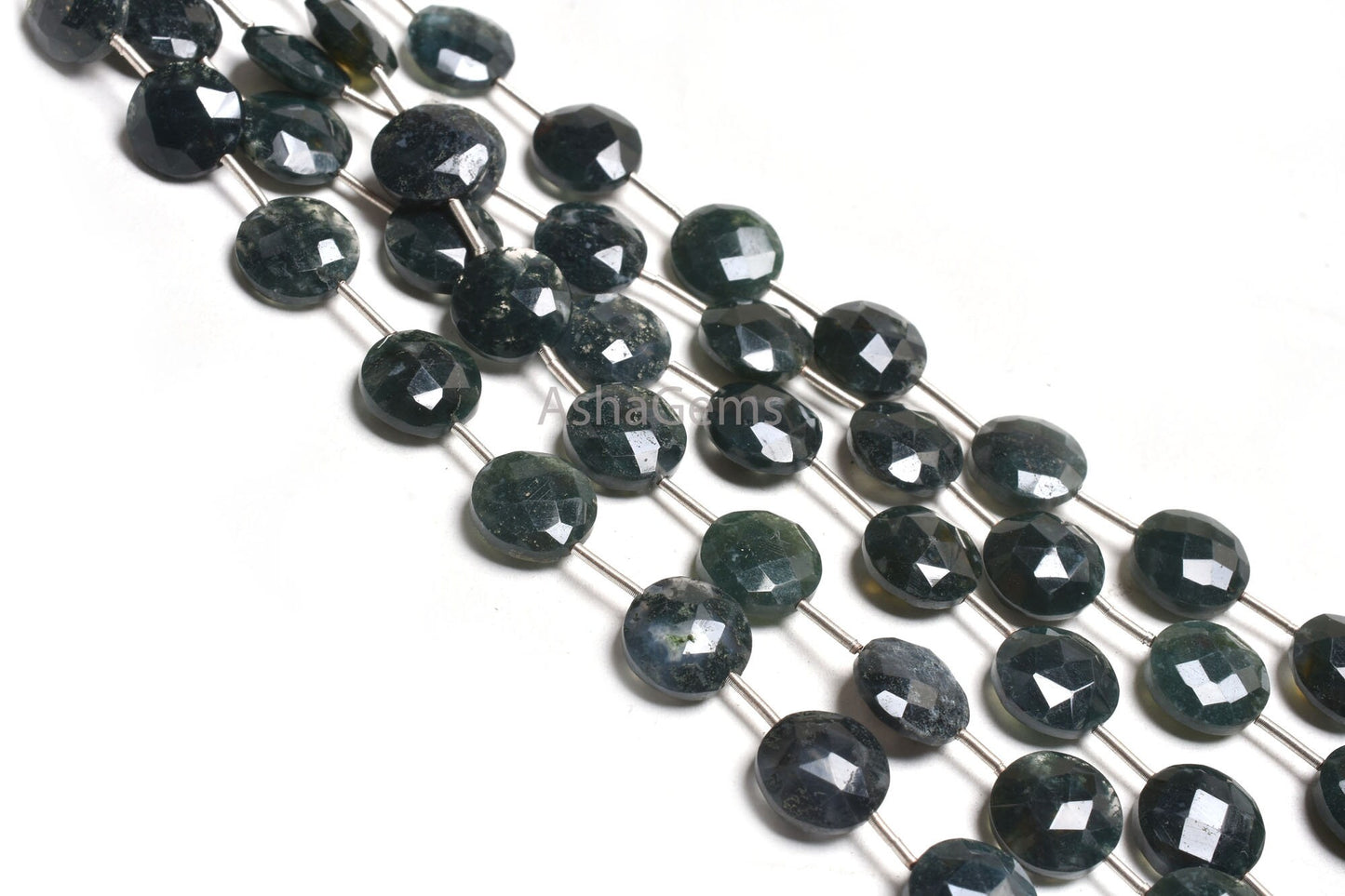 11 mm Beautiful Moss Agate Coin Shape Gemstone Beads, Natural Rare Dark Green Agate Fancy Coin Faceted Briolette Straight Drill Bead Jewelry