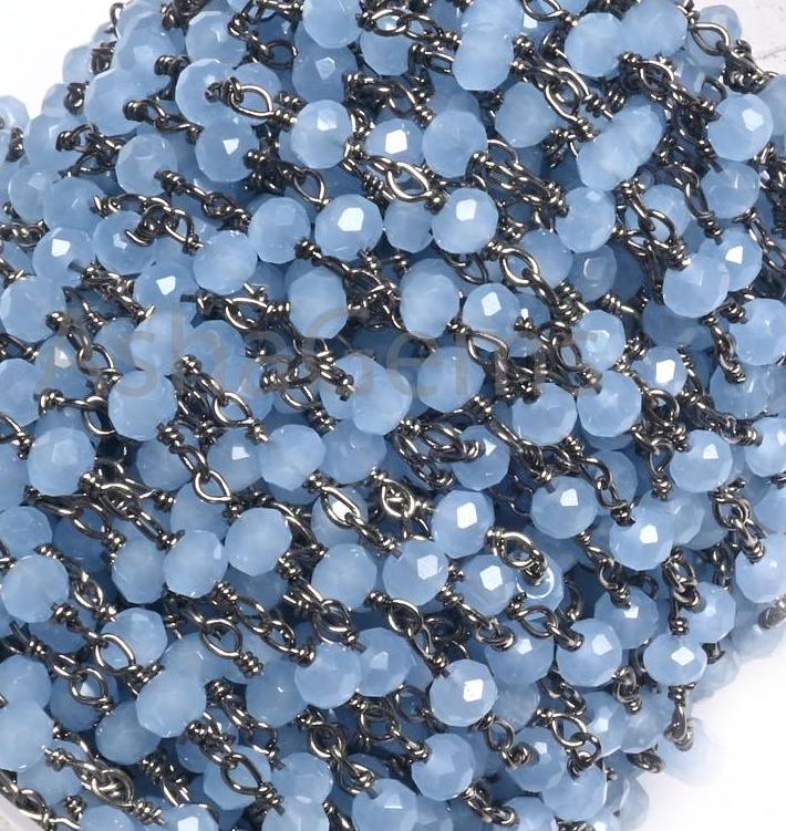 Fine Aqua Blue Chalcedony Hydro Rondelle Faceted Beads Rosary Chain,3mm Black Metal Plated Wire Wrap Beaded Gunmetal Chains Jewelry Necklace