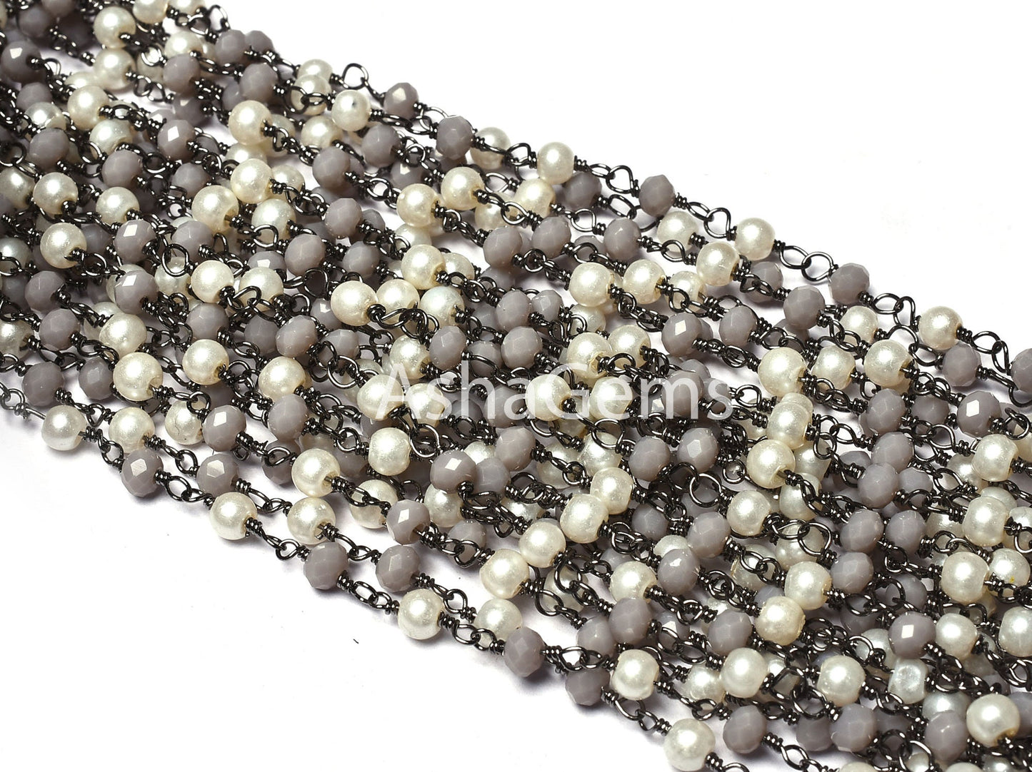 Fine White Pearl, Grey moonstone Hydro Beads Rosary Chain, Multi Color Rondelle Beaded Chain Black Plated Wire Wrap Gunmetal Chains Jewelry