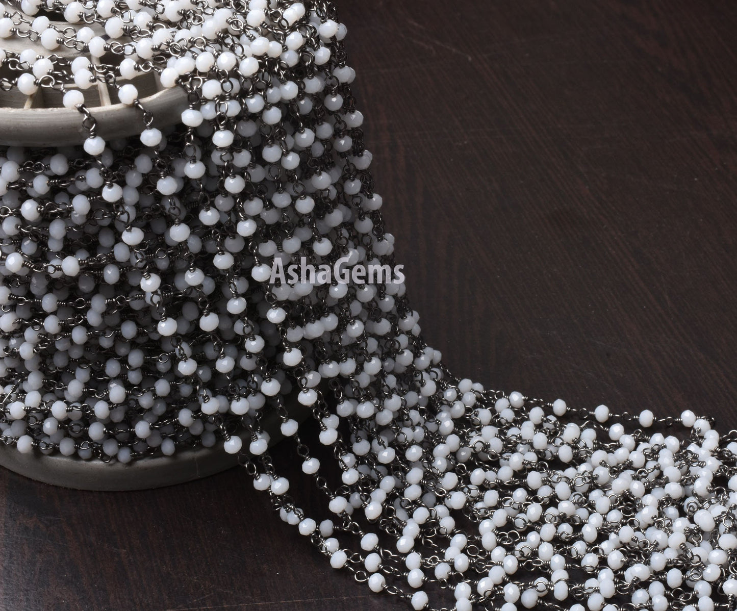 Beautiful White Agate Hydro Rondelle Faceted Beads Rosary Chain,3 mm Gun Metal Plated Black Wire Wrap Jewelry making Necklace Handmade Chain