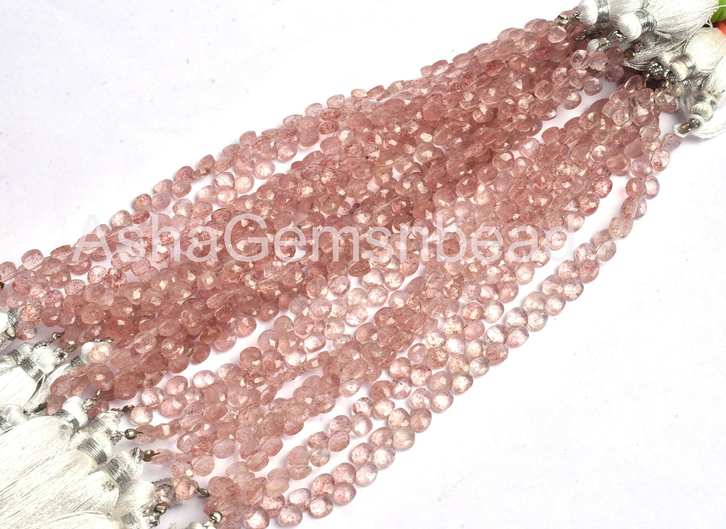 5 mm Beautiful Pink Strawberry Quartz Faceted Heart Shape Gemstone Beads, AAA Natural Strawberry Quartz Tiny Heart Briolette Beads Jewelry