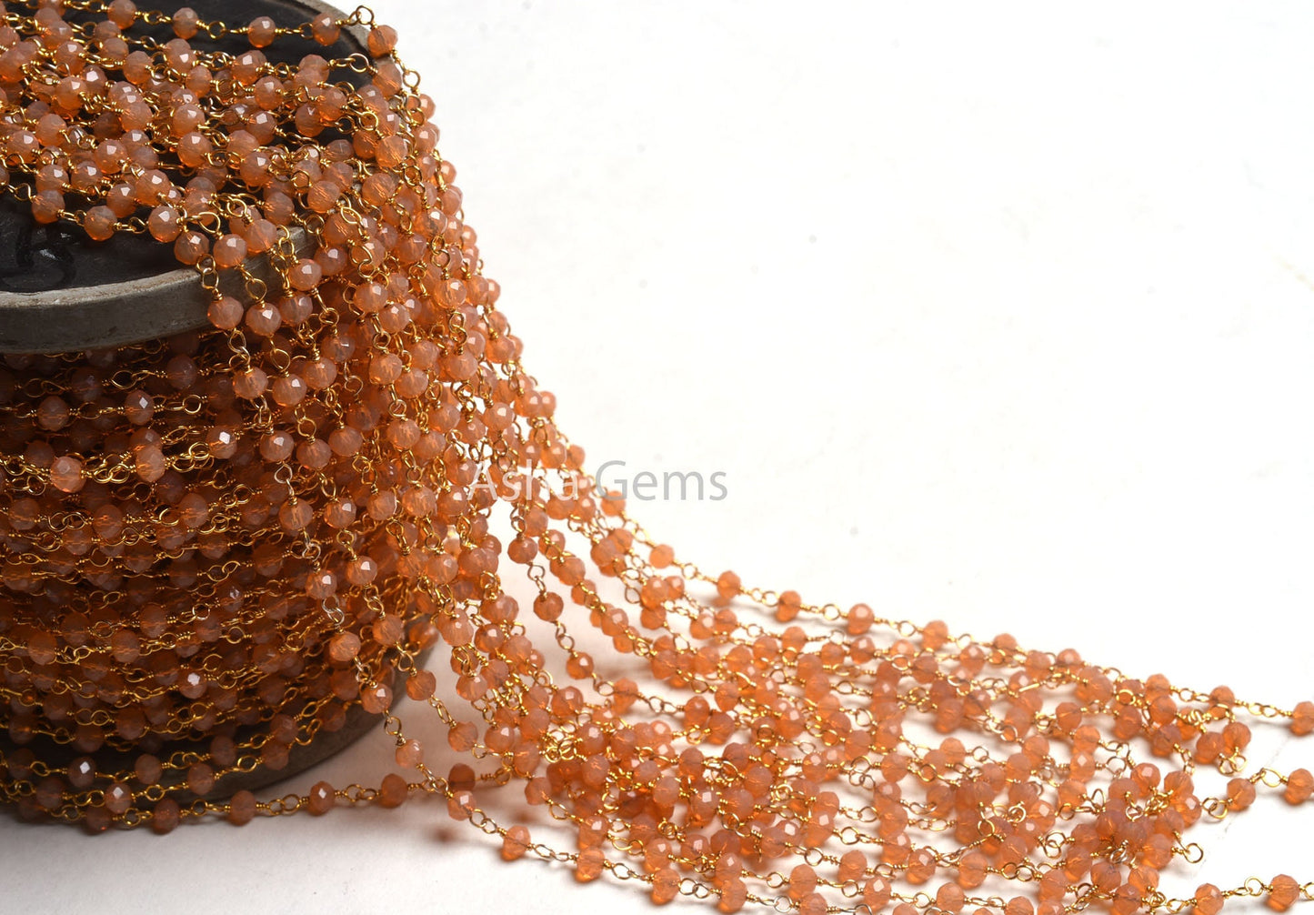 4 mm AAA Peach Moonstone Hydro Faceted Rondelle Beads Rosary Chain, Gold Plated Wire Wrap micro cut Beaded Handmade Chain Jewelry Craft SALE
