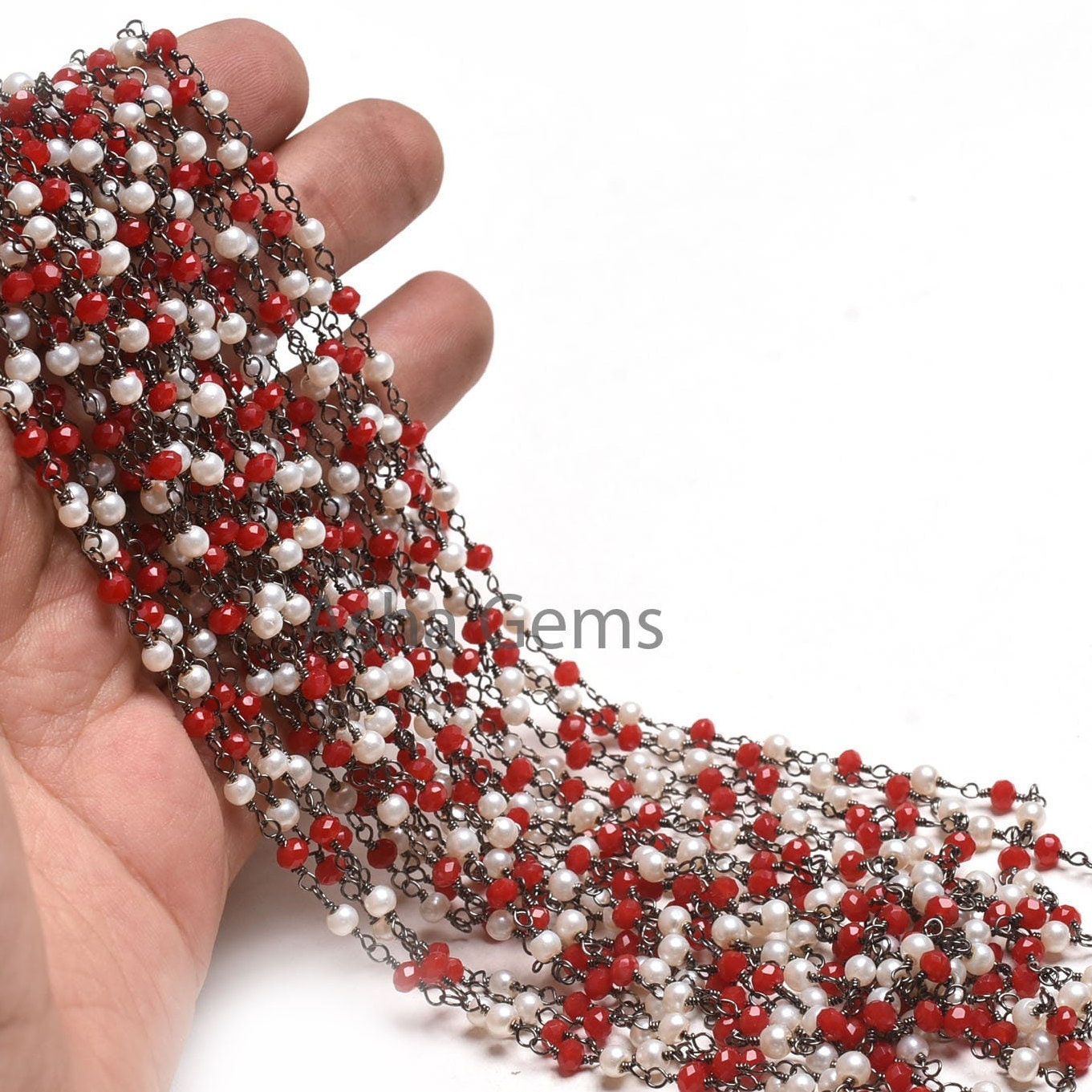 Beautiful Pearl Red Ruby Hydro Beads Rosary Chain,3mm Black Plated Gunmetal Wire Wrap Handmade Beaded Chain For Necklace Making Jewelry SALE