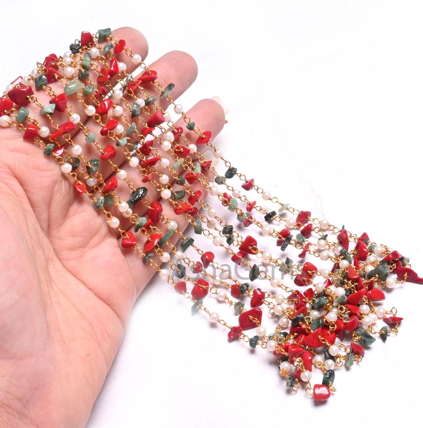 Beautiful Pearl Hydro, Red Stone, Emerald Uncut Chip Beads Rosary Chain, Gold, Silver Plated Multi Color Beaded Chains Jewelry Making Crafts