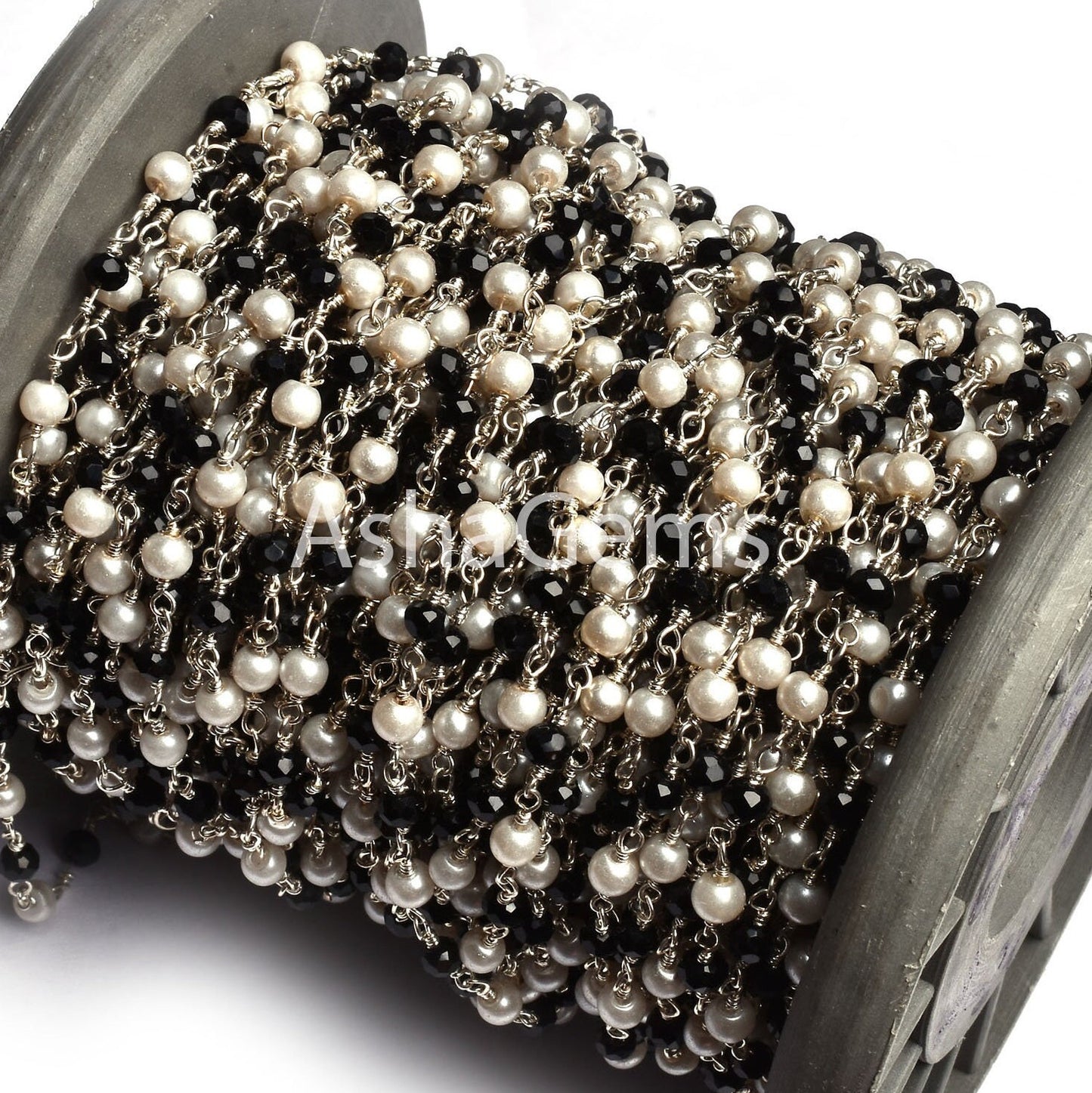 3,5,10,25,50 Feet Pearl Black Onyx Hydro Beads Rosary Chain Silver Plated Chain Faceted Rondelle Beads Rosary Chain Jewelry Making Chain DIY