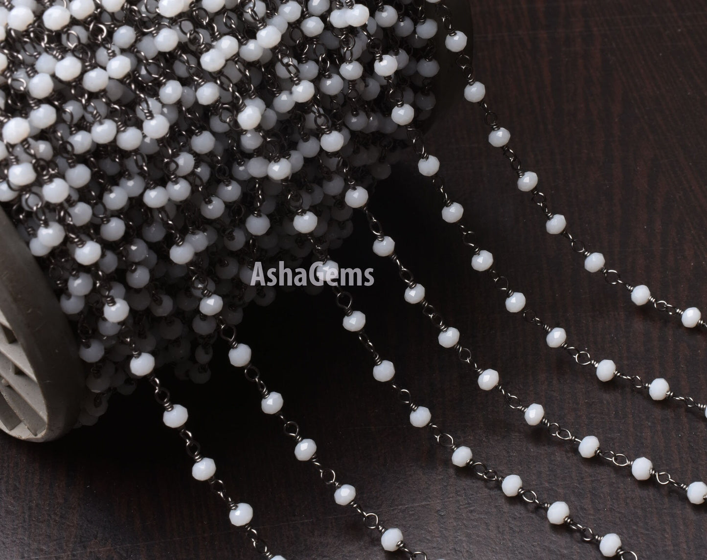 Beautiful White Agate Hydro Rondelle Faceted Beads Rosary Chain,3 mm Gun Metal Plated Black Wire Wrap Jewelry making Necklace Handmade Chain