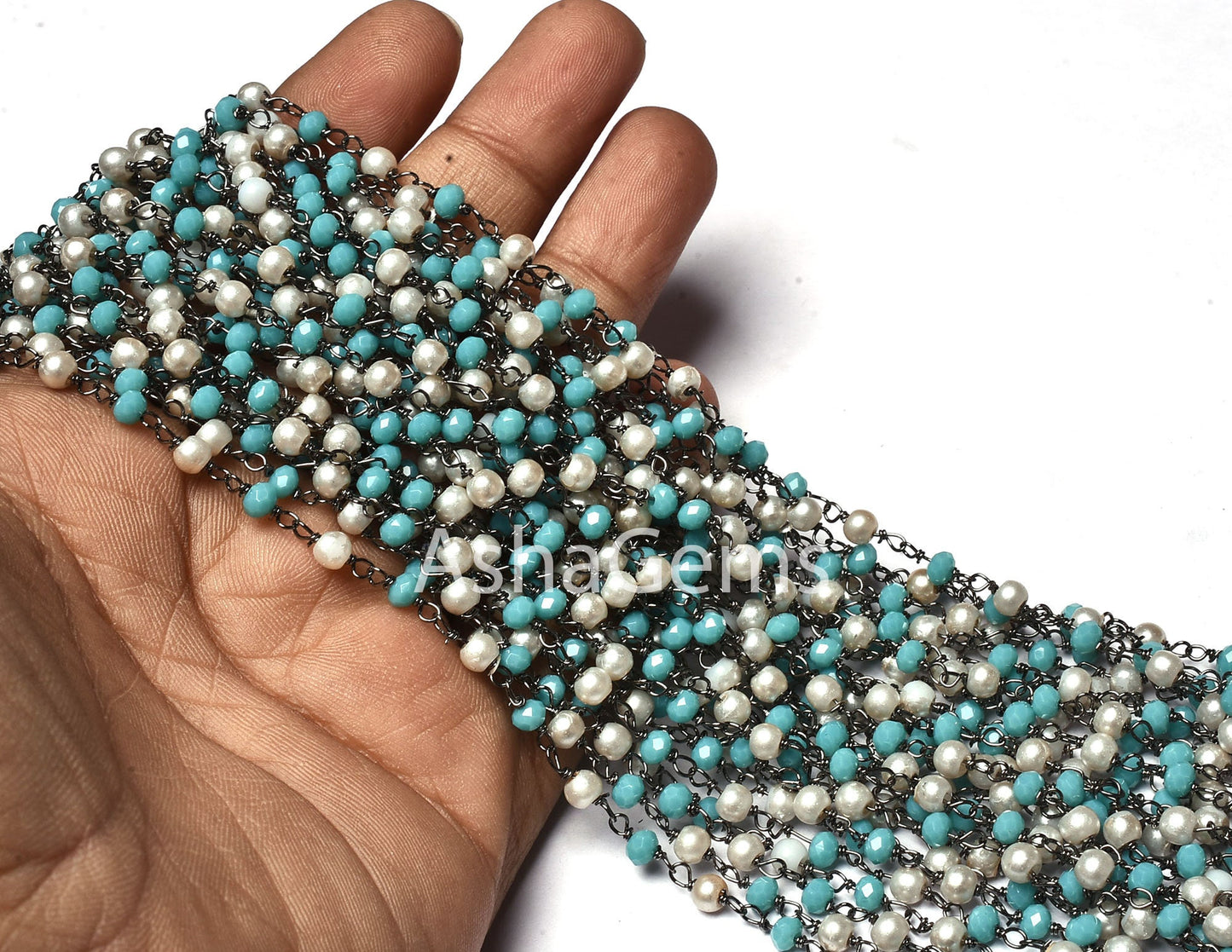 Rosary Chain Pearl, Blue Turquoise Hydro Rondelle Beads Rosary Chain Multi Color Black Plated Gunmetal Wire Wrap Beaded Chain Jewelry Crafts
