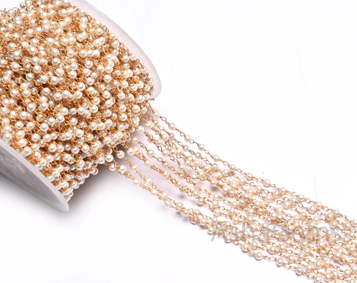 Beautiful  White Pearl Hydro smooth Rondelle Beads Rosary Chain,3 mm Gold, Black Plated Wire Wrap Beaded handmade Chain Jewelry Making Craft