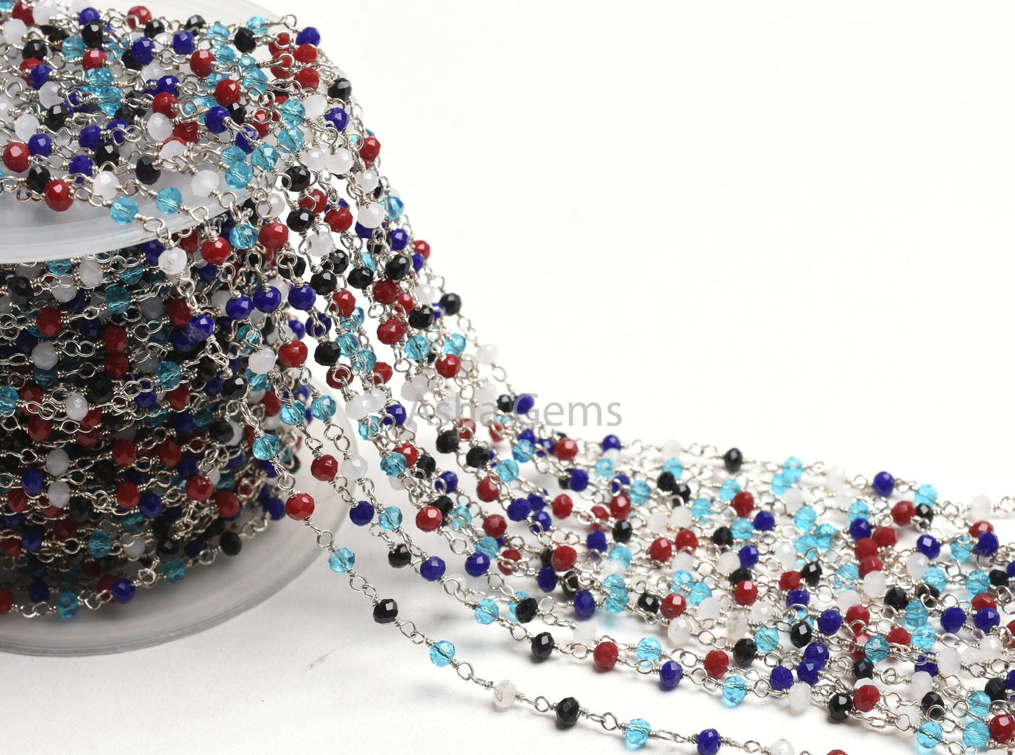 1-50 Feet Multi Color Beads Rosary Chain, Silver Plated Wire Wrap Hydro Disco faceted Rondelle Beaded handmade Chain Jewelry making Necklace
