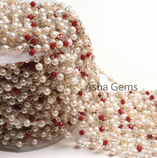 Pearl Red Ruby Hydro Rondelle Beads Rosary Chain, Silver Plated Wire Bulk Roll Multi Color Chain,3,10,50 Foot Chain For jewelry Making Craft