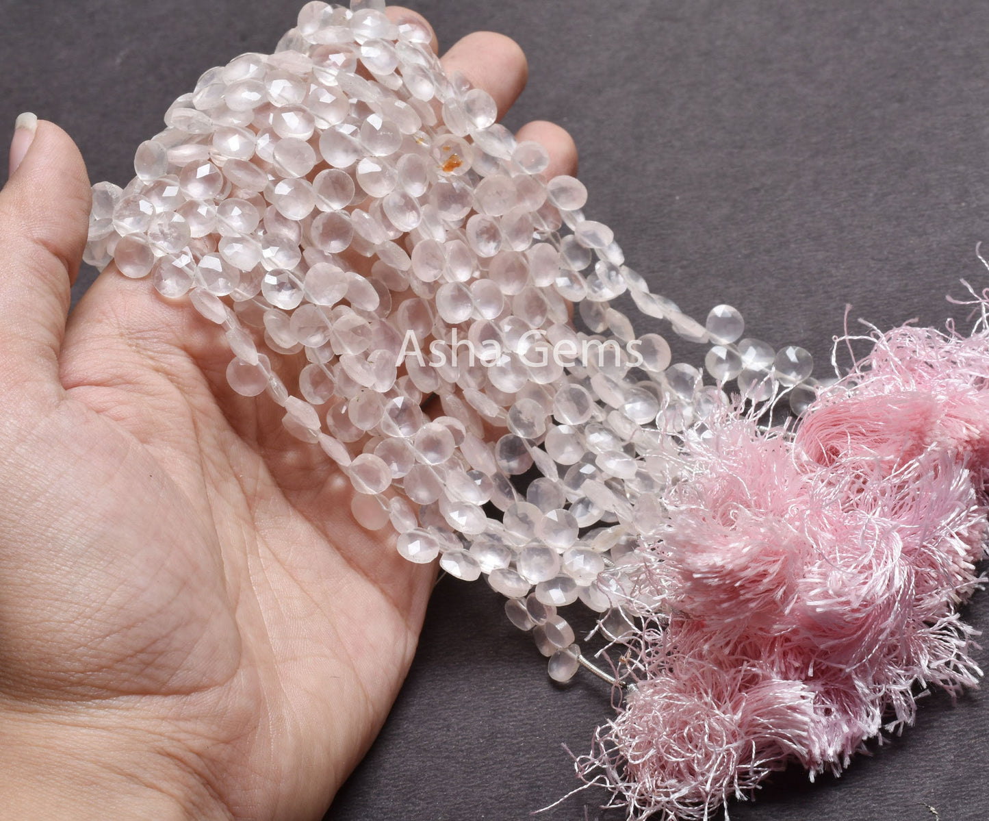 Natural Rose Quartz Heart Faceted Gemstone Beads, Fine Quality Pink Rose Quartz Heart Briolette Side Drill Beads,7" Rose Quartz Bead Jewelry