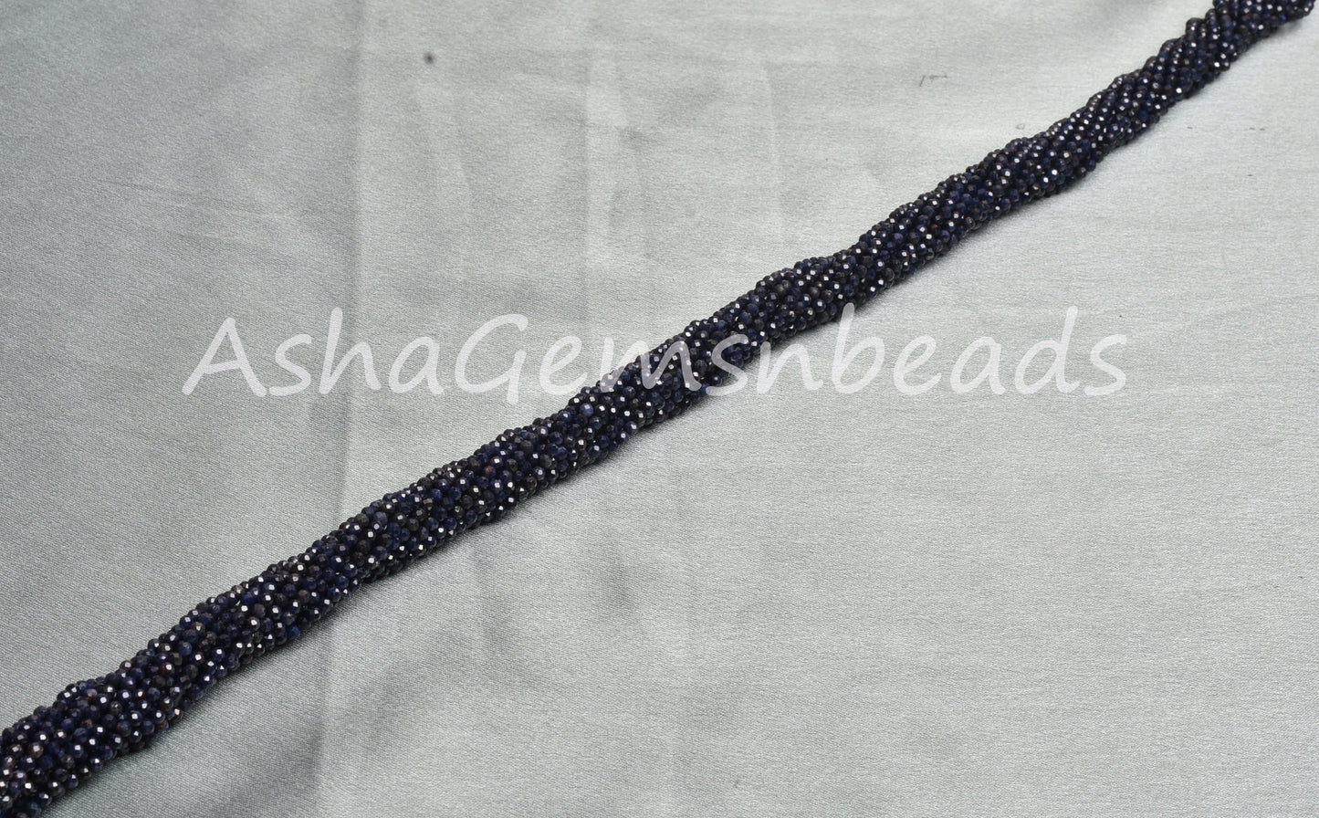 2 mm Natural Rare Blue Sapphire Micro Cut Rondelle Faceted Gemstone Beads,13" Real Sapphire Bead Machine Cut Tiny Beads Jewelry Making Craft