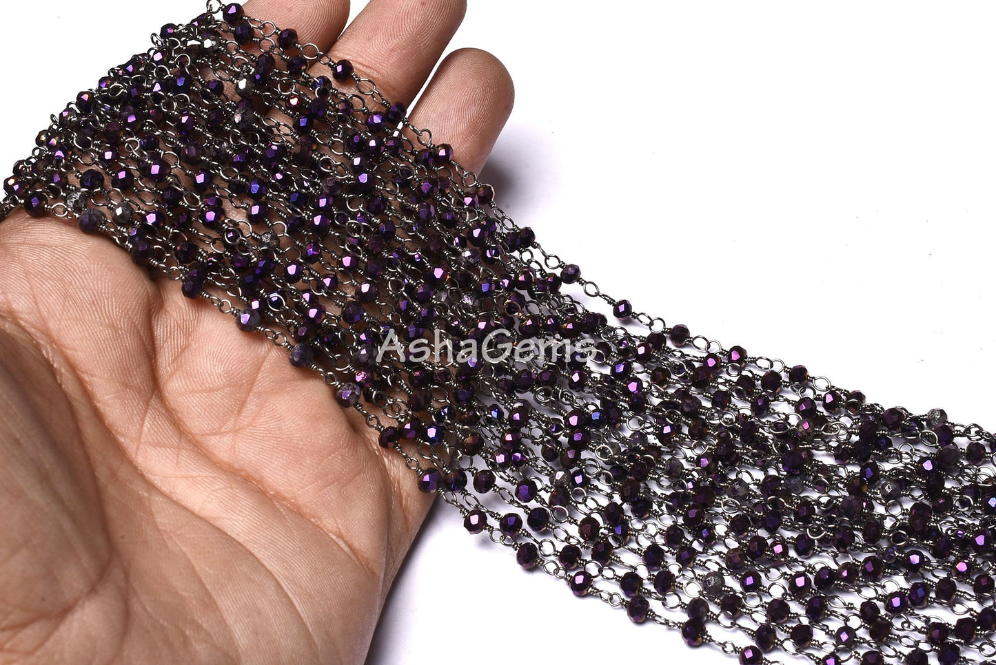3,5,10,25 Ft Purple Mystic Pyrite Hydro Faceted Rondelle Beaded Rosary Chain Black Plated Wire Wrapped Chain, Jewelry Making Finding 3.5 mm