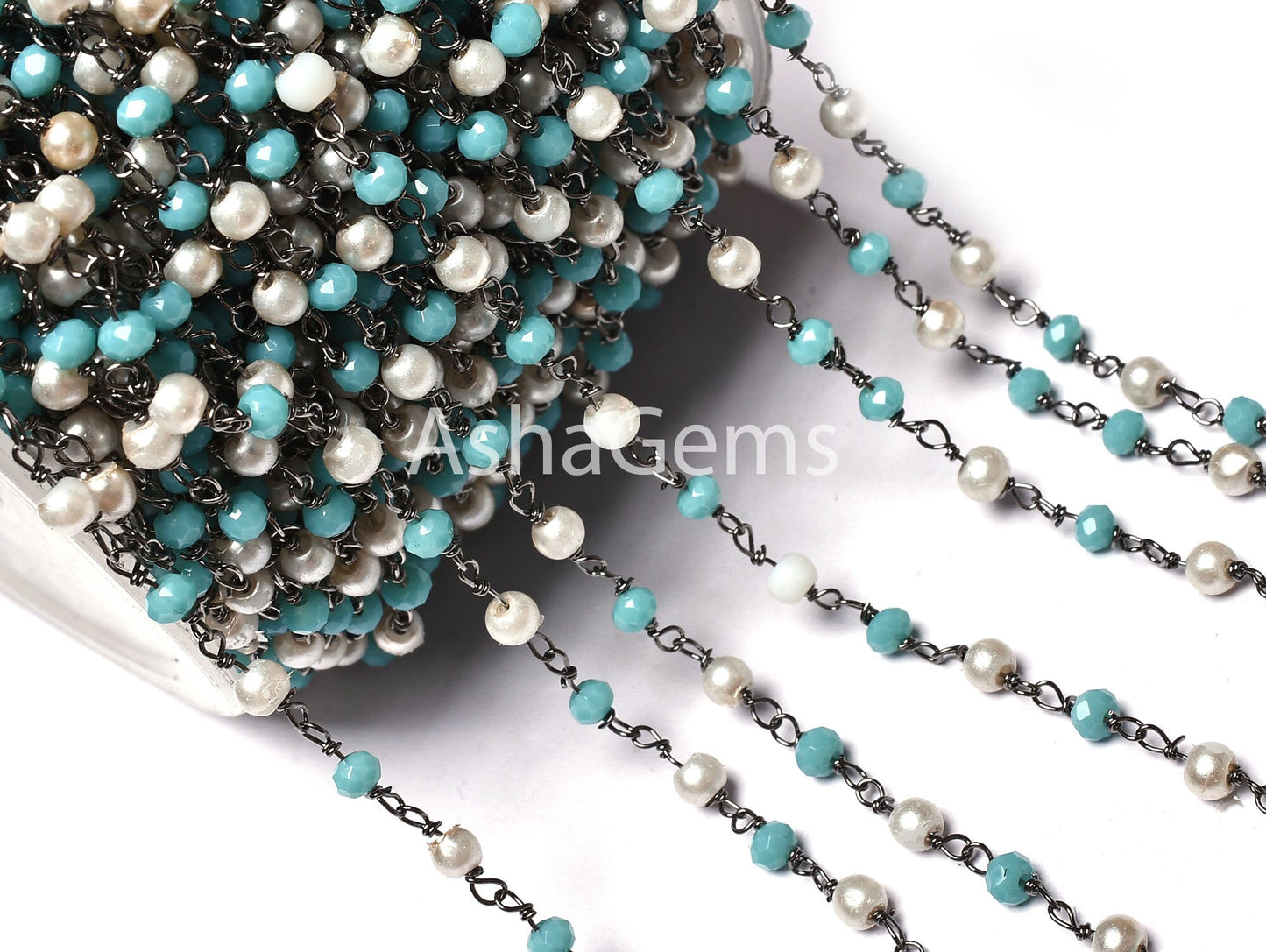 Rosary Chain Pearl, Blue Turquoise Hydro Rondelle Beads Rosary Chain Multi Color Black Plated Gunmetal Wire Wrap Beaded Chain Jewelry Crafts