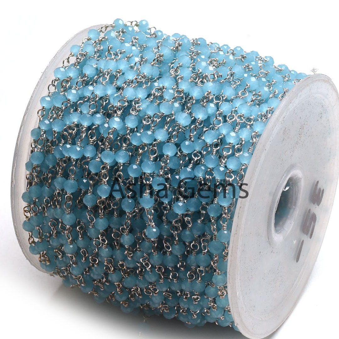 1,5,10,50Feet Chain Blue Milky Aqua Chalcedony Hydro Beads Rosary Chain Faceted Rondelle Silver Plated Wire Bulk Roll Findings Beaded Chains