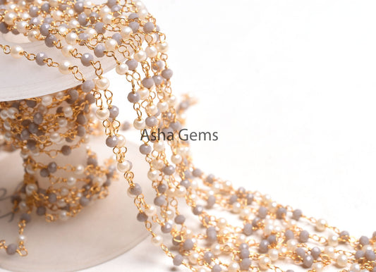 SALE Beautiful White Pearl, Grey moonstone Hydro Beads Rosary Chain, Faceted Rondelle Beaded Gold Plated, Wire Wrapped Jewelry Making Chain