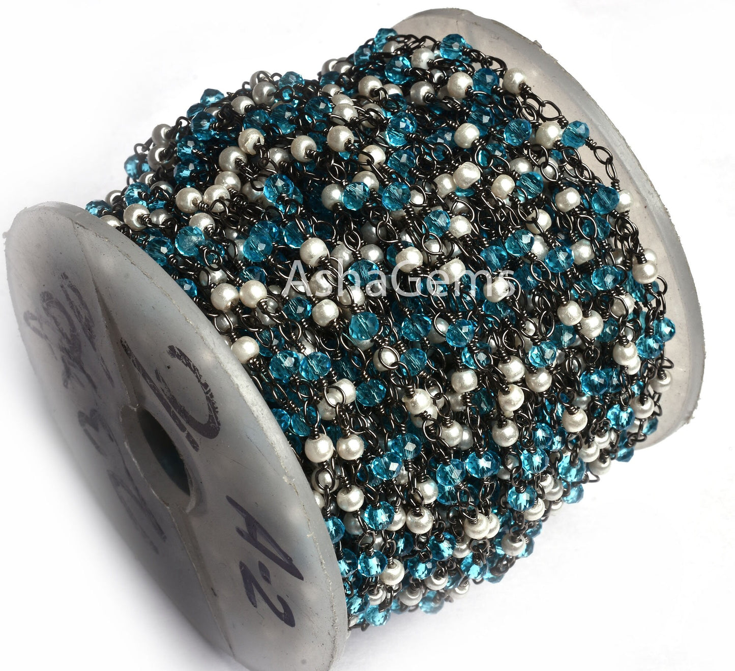 White Pearl, Blue Topaz Hydro Beads Rosary Chain Black Plated Wire Wrap Chain Faceted Rondelle Beaded Chain Jewelry Making Finding Chain DIY