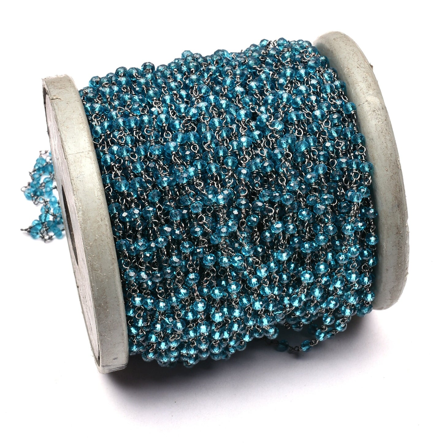 AAA Blue Topaz Hydro Faceted Rondelle Beads Rosary Chain Black Plated Gunmetal Wire Wrap Beaded Handmade Chain Jewelry Making Necklace Craft