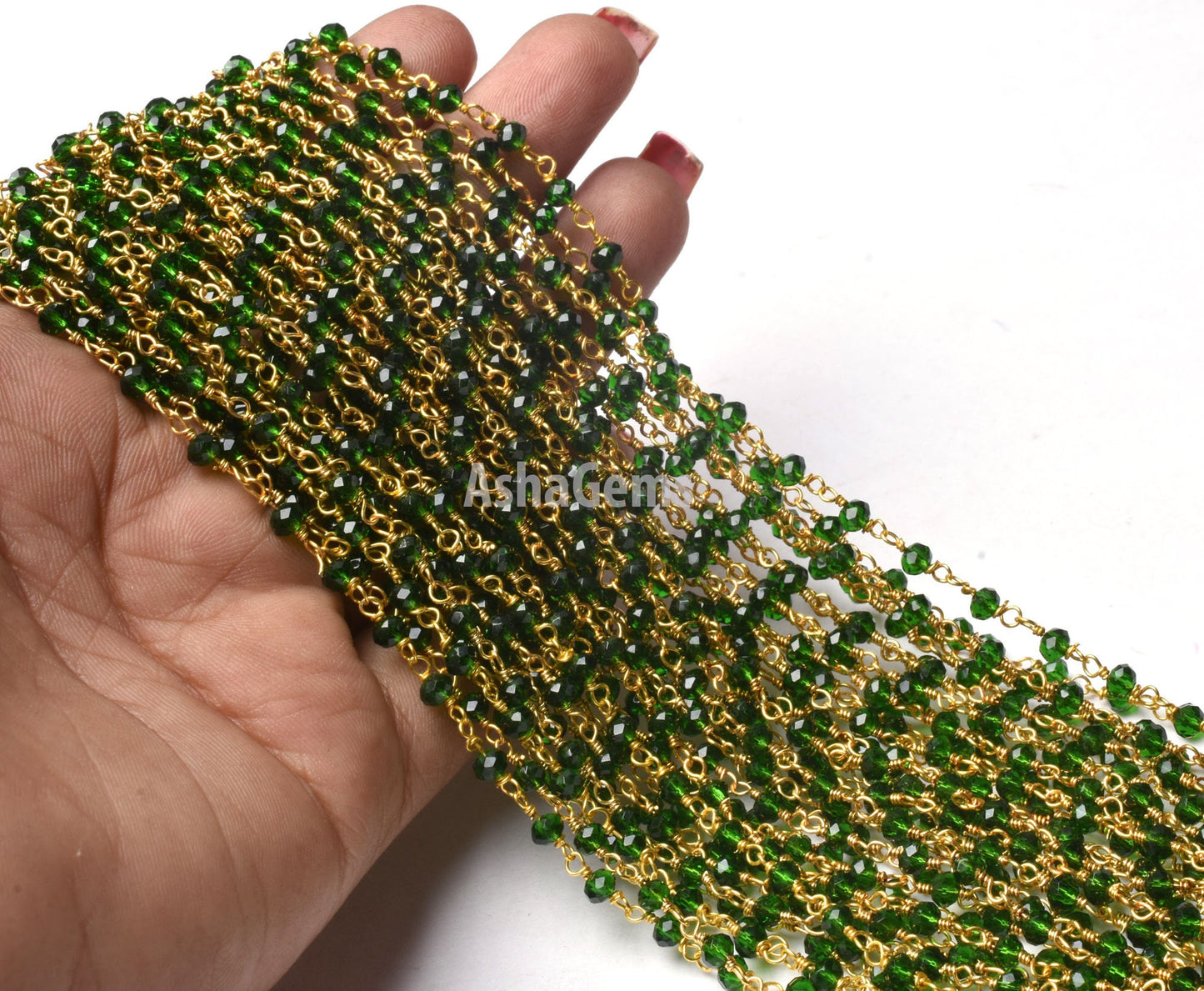Green Chrome Diopside Hydro Faceted Rondelle Beads Rosary Chain Silver, Gold Plated Wire Wrap Jewelry Making Craft Beaded Rosary Chains SALE