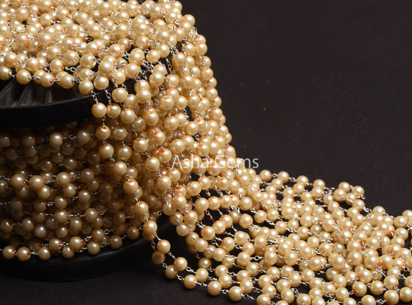 6 mm Beautiful Milky Pearl Hydro smooth Beads Rosary Chain By Feet Silver, Gold Plated Pearl Wire Wrap Beaded Handmade Chain Jewelry Makings