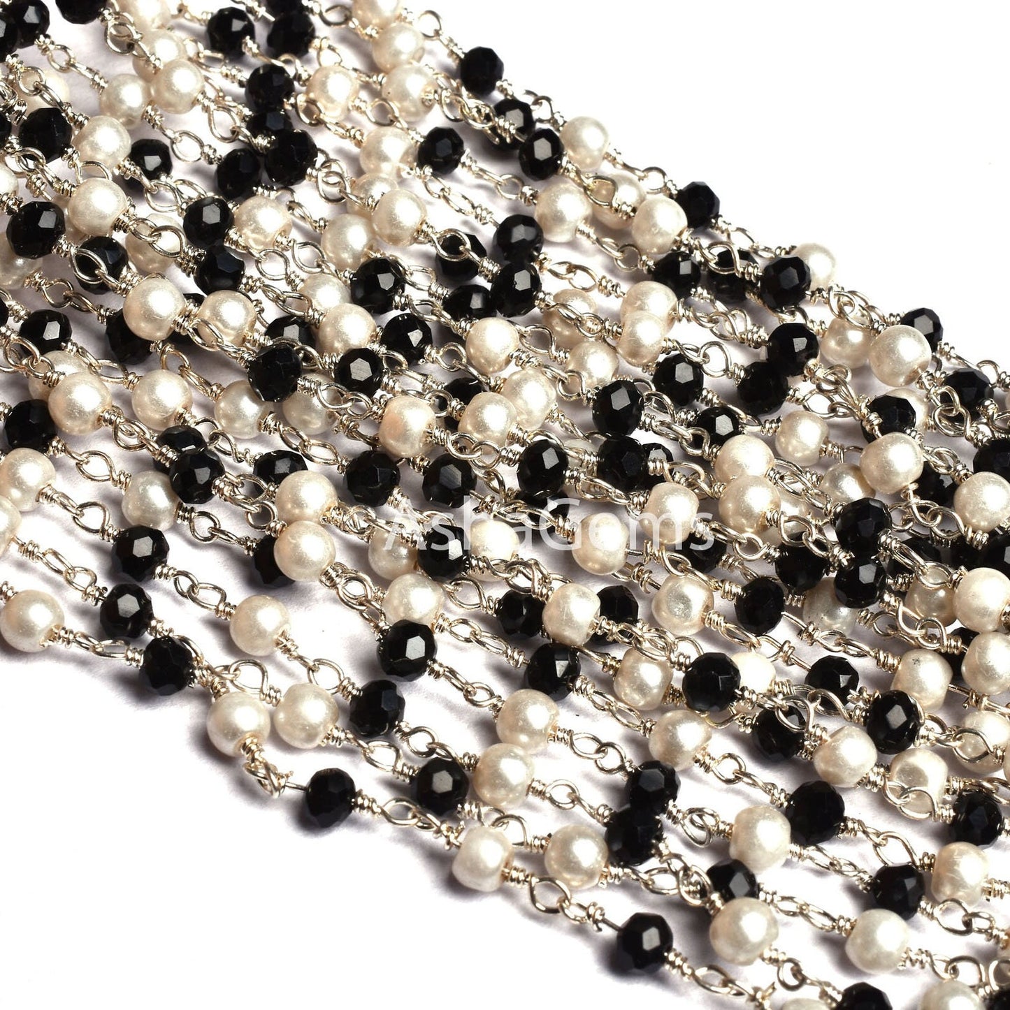 3,5,10,25,50 Feet Pearl Black Onyx Hydro Beads Rosary Chain Silver Plated Chain Faceted Rondelle Beads Rosary Chain Jewelry Making Chain DIY