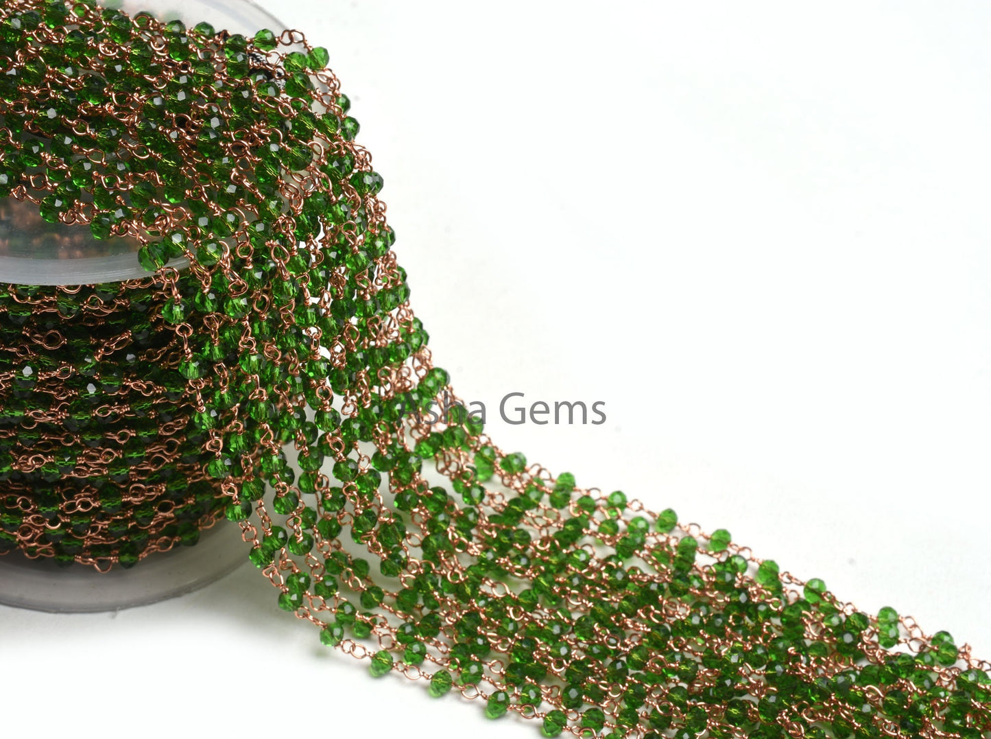Rosary Chain, Green Chrome Diopside Hydro Faceted Beads Chain Rose Gold Plated Copper wire wrap rondelle Micro cut Beads Handmade Chain SALE