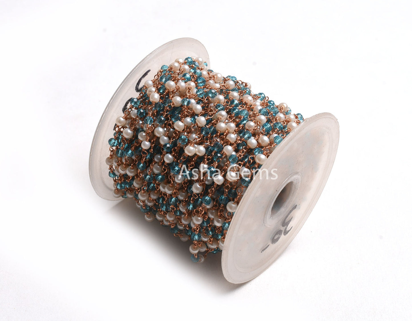 3,5,10,25,50Feet White Pearl, Blue Topaz Hydro Beads Rosary Chain Rondelle Beaded Rose Gold Plated Copper Wire Wrap Jewelry Making Chain 3mm