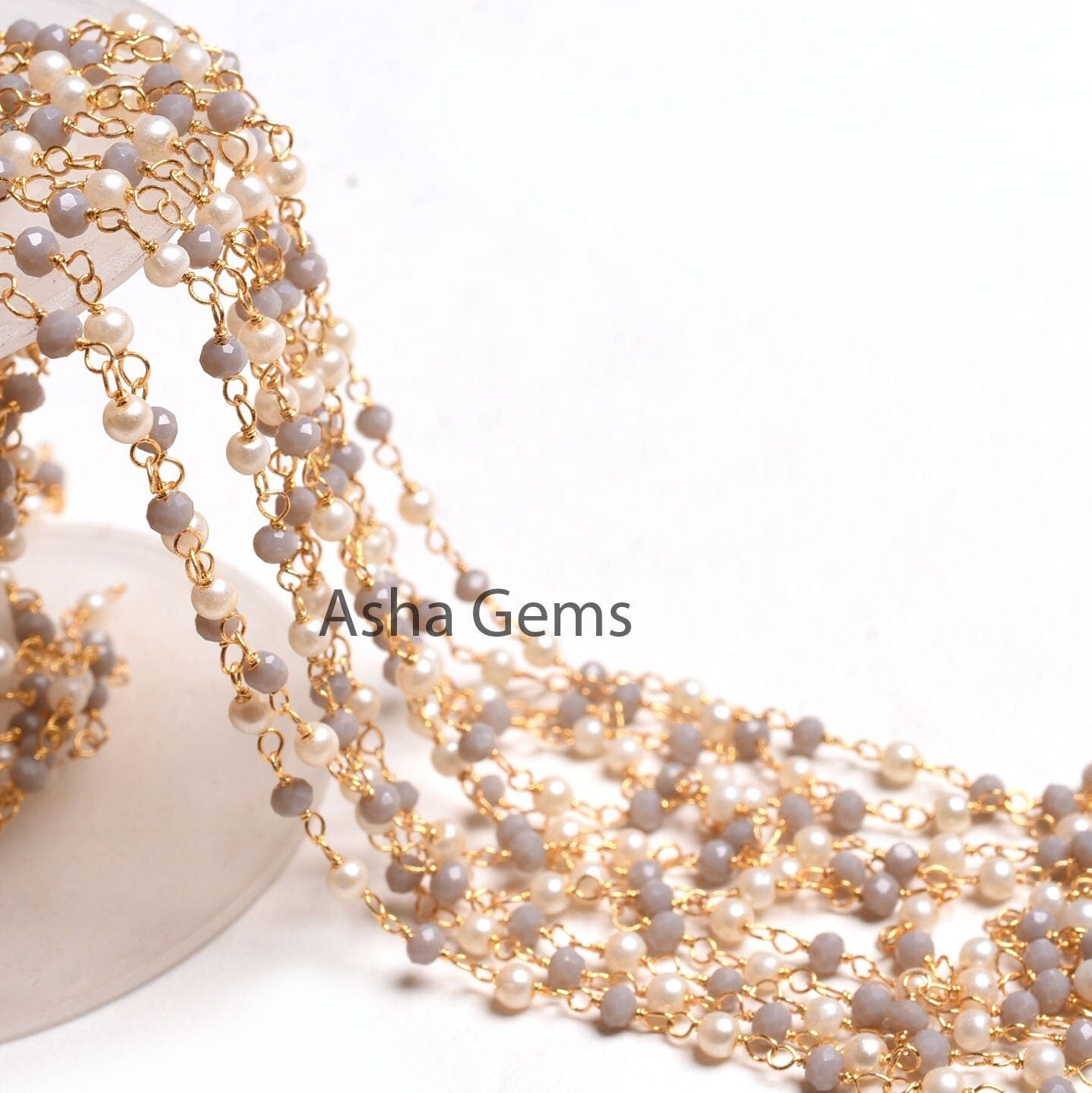 SALE Beautiful White Pearl, Grey moonstone Hydro Beads Rosary Chain, Faceted Rondelle Beaded Gold Plated, Wire Wrapped Jewelry Making Chain