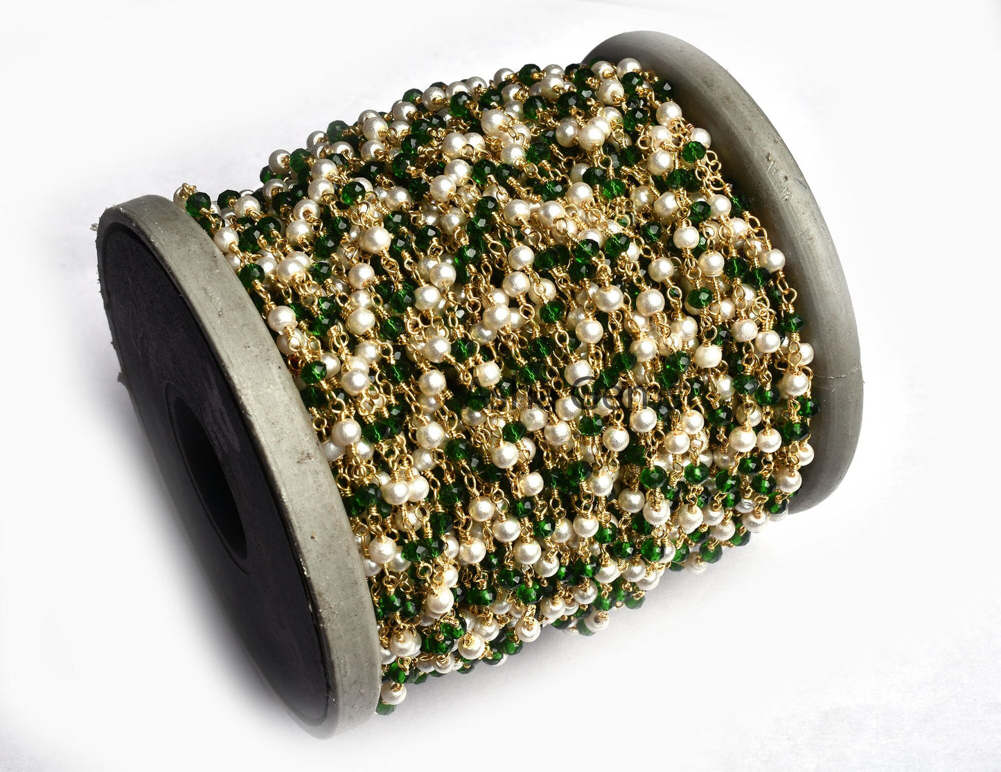 Beautiful White Pearl Chrome Diopside Hydro Faceted Rondelle Beads Rosary Chain Gold Plated Wire Wrapped Chain Jewelry making Finding, Chain