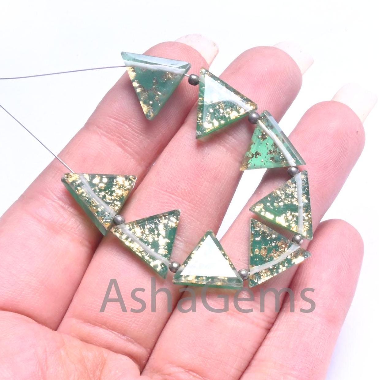 Beautiful Quartz Green Onyx Gold Foil Doublet Triangle Shape Faceted Beads, 12-14 mm Doublet fancy Trillion Table Cut Gemstone Beads Jewelry (AG 18709 )