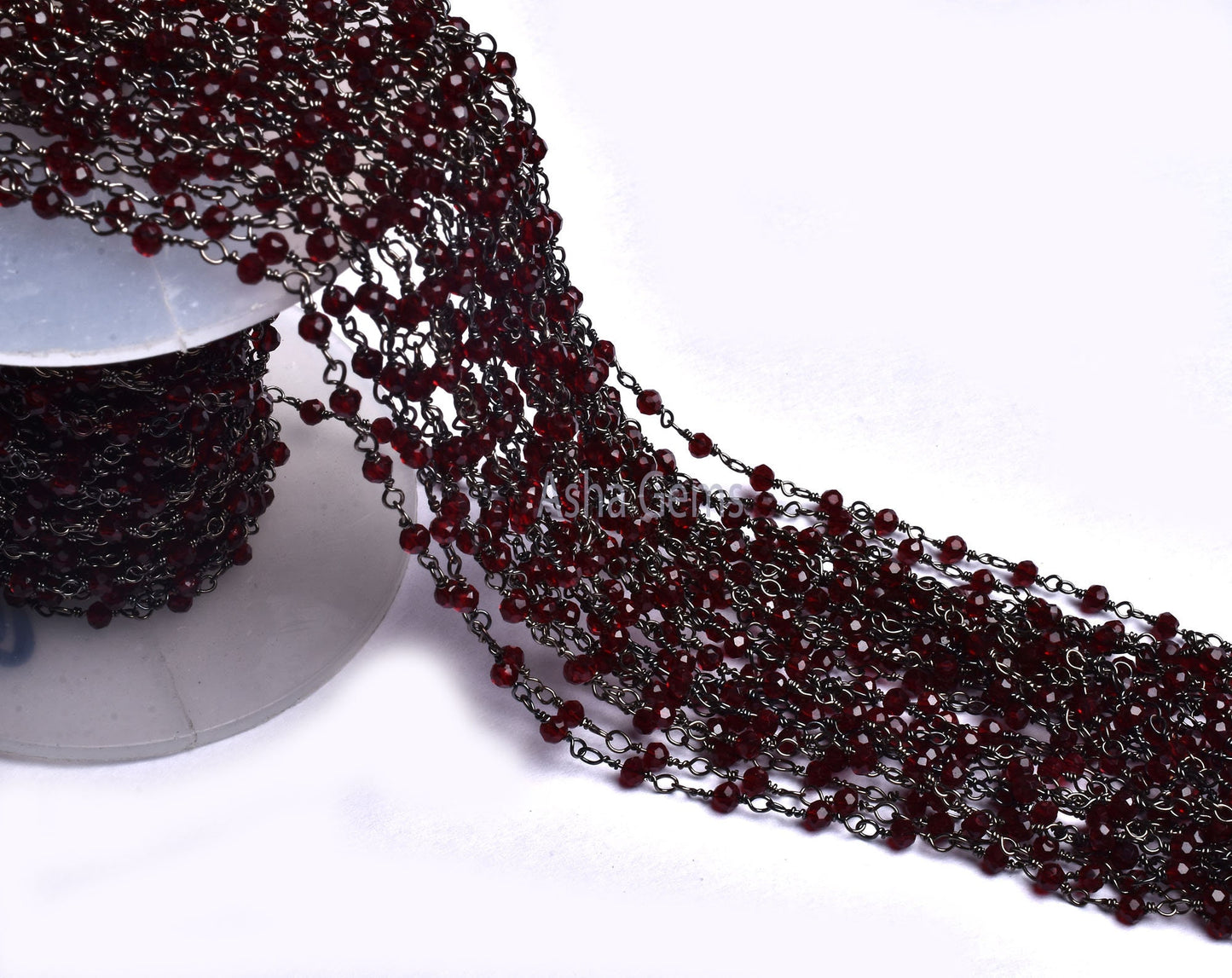 3,10,50 Feet Bulk Roll Garnet Micro Cut Faceted Beads Rosary Chain Gunmetal Rondelle Beaded Chain Black Plated Wire Wrap Chain Jewelry Craft