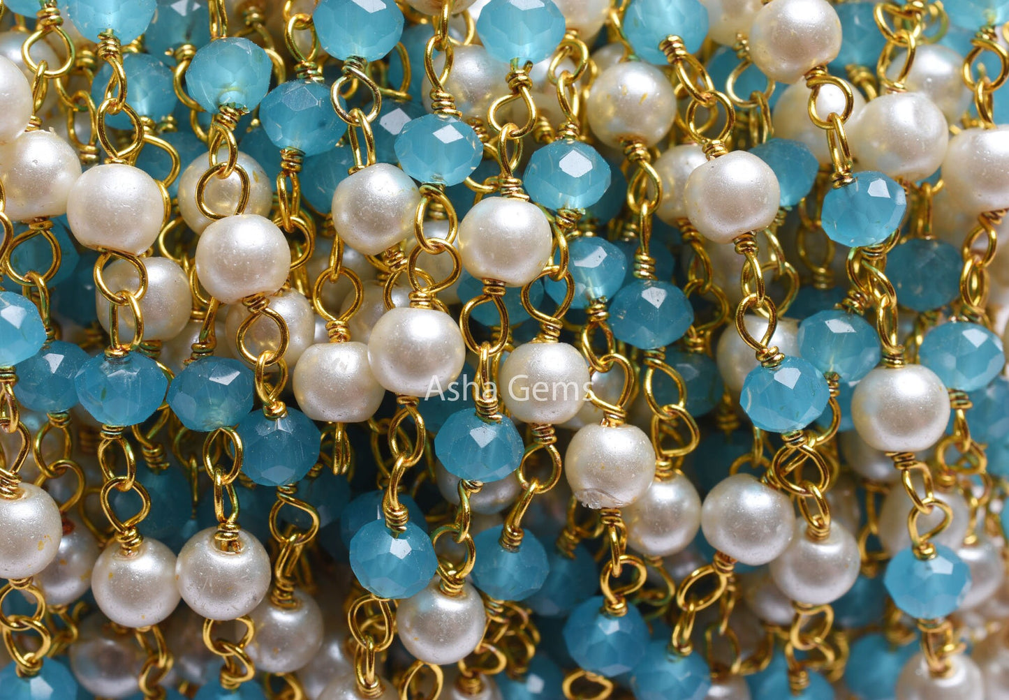 Beautiful Pearl, Blue Chalcedony Hydro Beads Rosary Chain,4 mm Multi Color Rondelle Gold Plated Wire Wrap Bulk Handmade Chain Jewelry Making