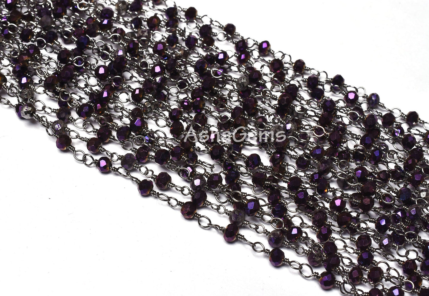 3,5,10,25 Ft Purple Mystic Pyrite Hydro Faceted Rondelle Beaded Rosary Chain Black Plated Wire Wrapped Chain, Jewelry Making Finding 3.5 mm