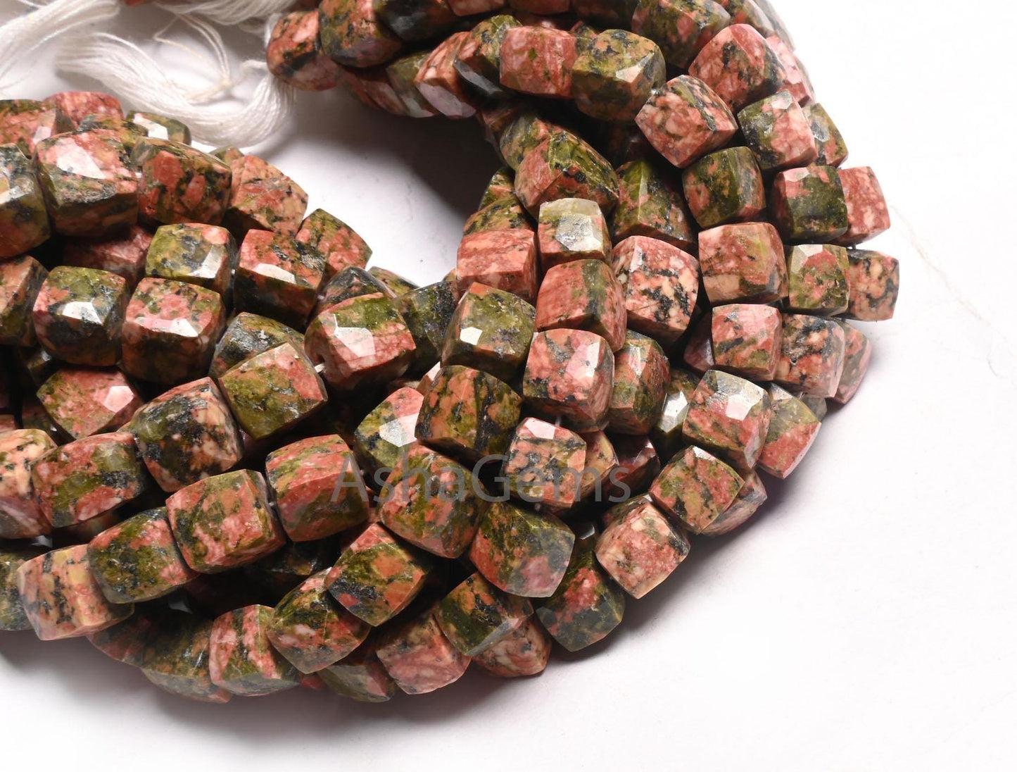 Fine Unakite Faceted 3D Cube Box Gemstone Loose Beads,8" Natural Shaded Green Pink Unakite Indian Cut Box epidote Beads Jewelry Making Craft