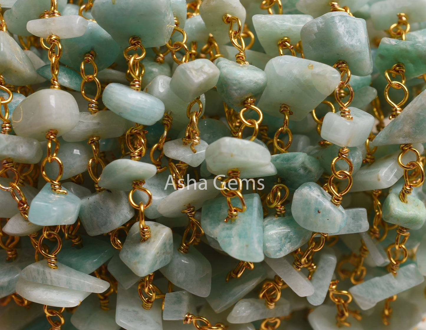 Natural Amazonite Uncut Chip Beads Rosary Chain By Foot Gold Plated Wire Wrap Nuggets Beaded handmade Chain Jewelry Necklace Making Crafts