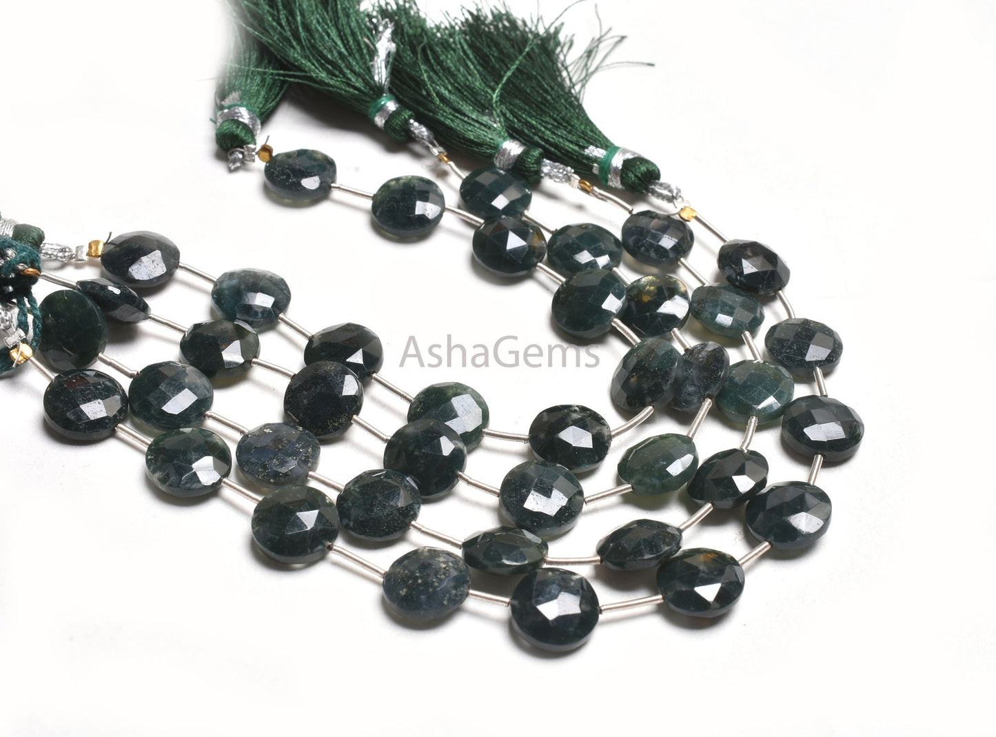 11 mm Beautiful Moss Agate Coin Shape Gemstone Beads, Natural Rare Dark Green Agate Fancy Coin Faceted Briolette Straight Drill Bead Jewelry