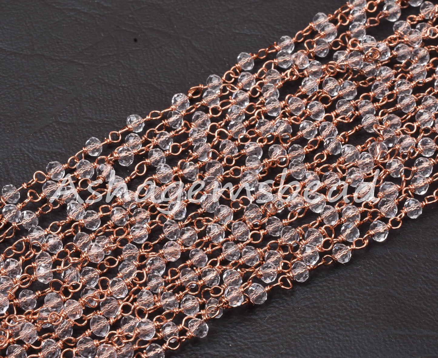 Beautiful White Crystal Quartz Hydro Faceted Rondelle Beads Rosary Chain,3mm Rose Gold Plated Copper Wire Chains Jewelry Making Rosary Chain