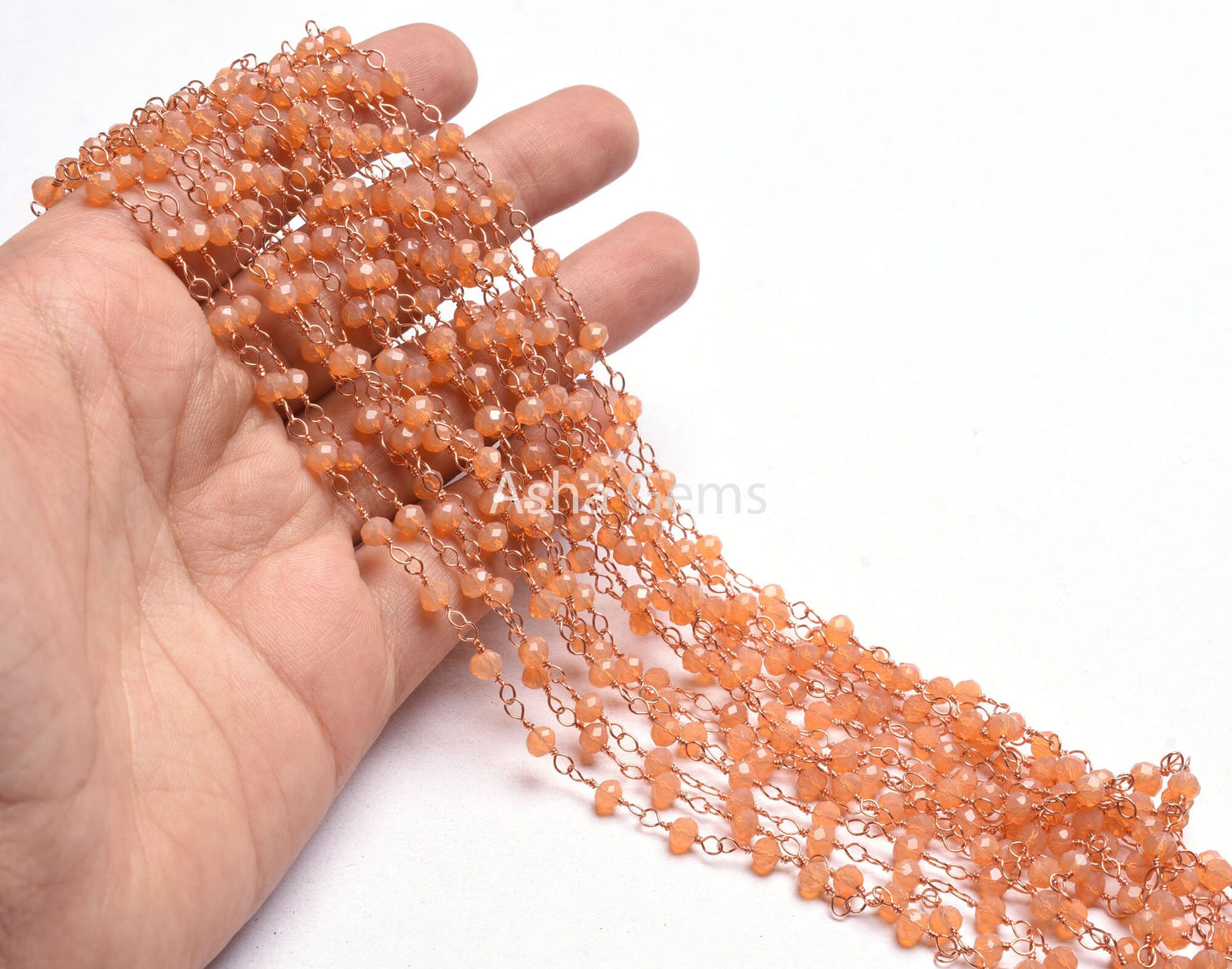 AAA Peach Moonstone Hydro Faceted Rondelle Beads Rosary Chain,4 mm Rose Gold Plated Copper Wire Wrap Beaded Handmade Chain Jewelry Necklace