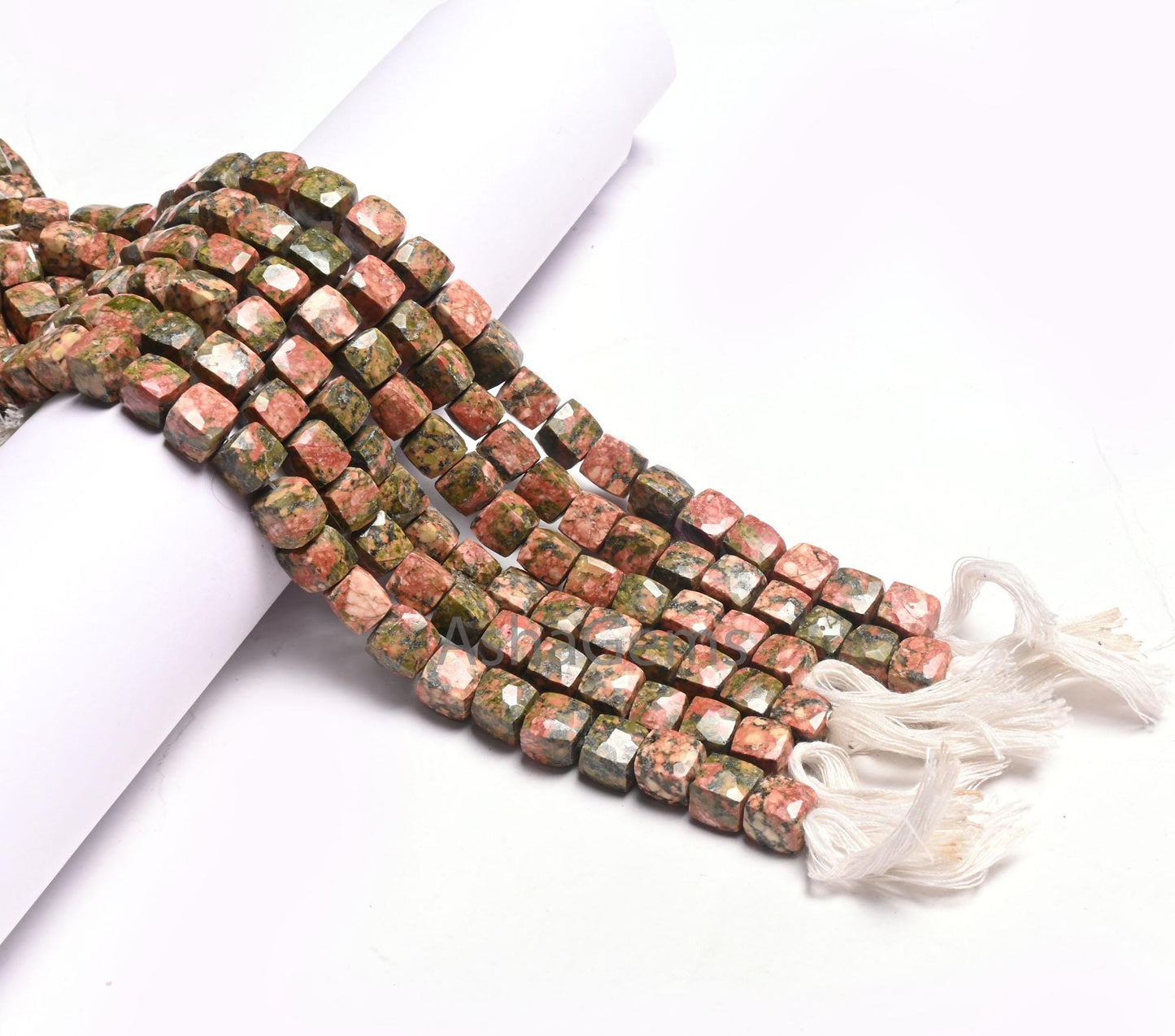 Fine Unakite Faceted 3D Cube Box Gemstone Loose Beads,8" Natural Shaded Green Pink Unakite Indian Cut Box epidote Beads Jewelry Making Craft
