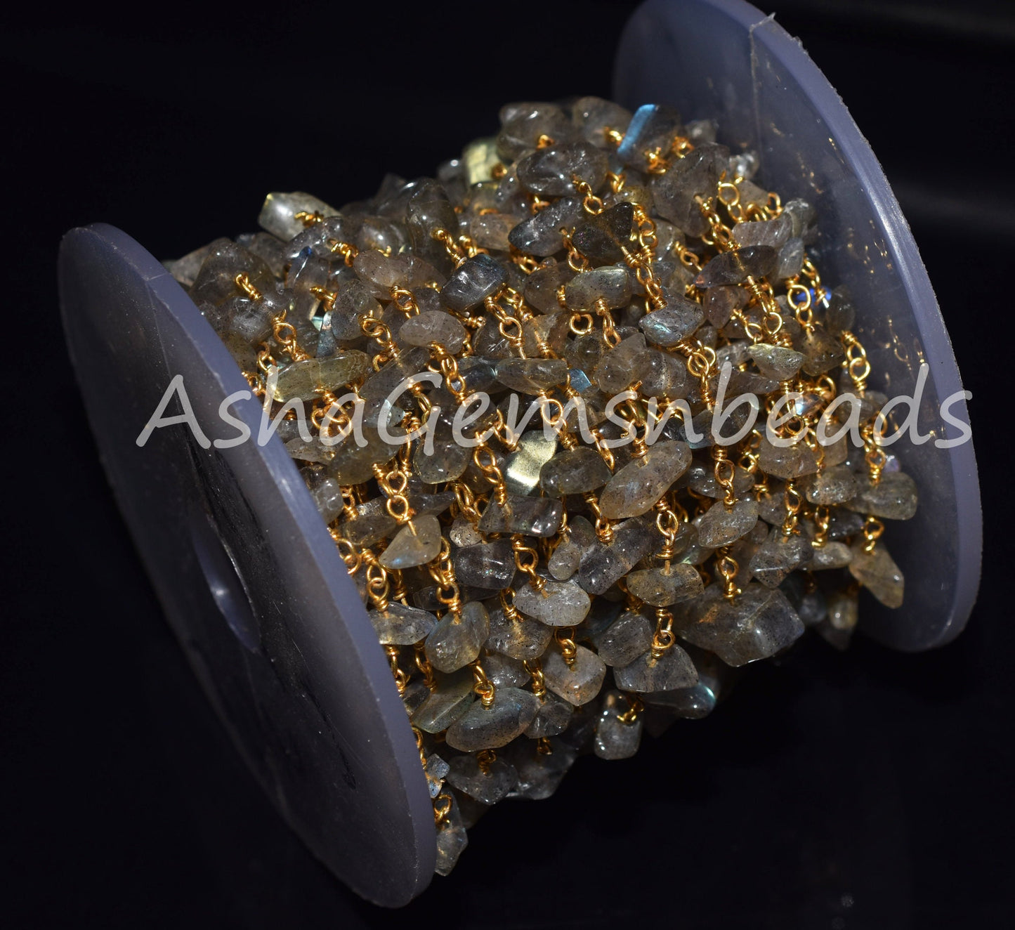 Natural Labradorite Uncut Chips Beads Rosary Chain, Gold Plated Wire Wrap Black Rainbow Nugget Beaded Chain Jewelry making Necklace Crafts