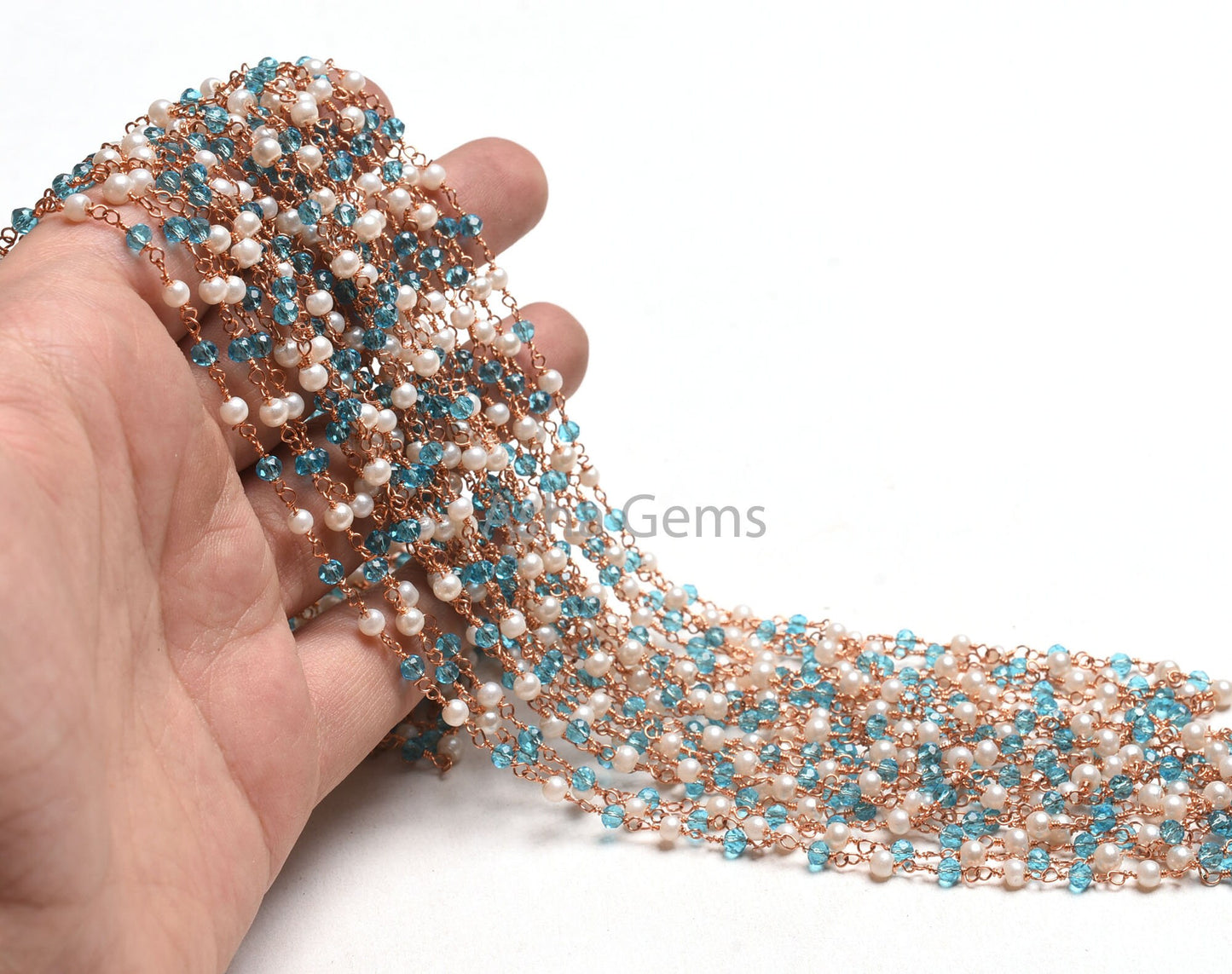 3,5,10,25,50Feet White Pearl, Blue Topaz Hydro Beads Rosary Chain Rondelle Beaded Rose Gold Plated Copper Wire Wrap Jewelry Making Chain 3mm