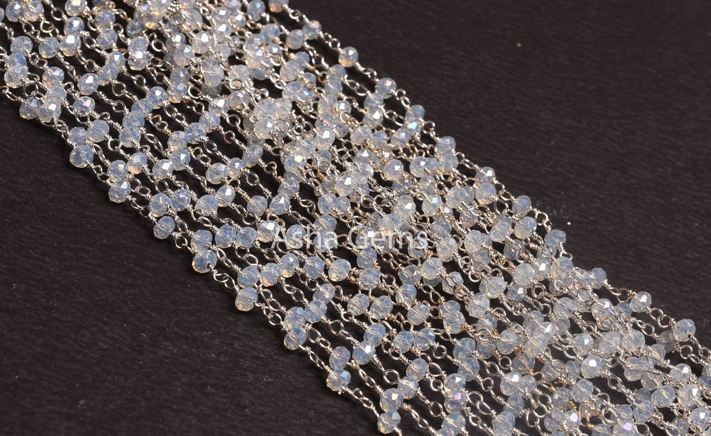 3,5,10,25 Feet Roll Bulk, Rainbow Moonstone Hydro Silver Coated Rondelle Faceted Rosary Chain, Silver Plated Wire Bulk Chain Jewelry Making