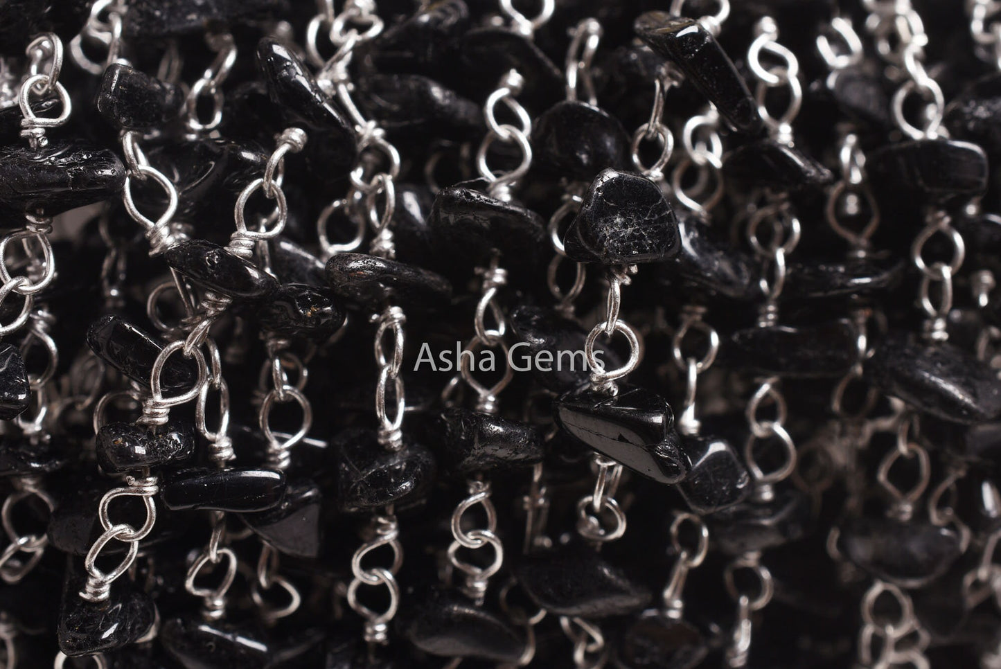 1,3,5,25 Foot, Natural Black Tourmaline uncut Chip Beads Rosary Chain Silver Plated wire Bulk Roll Tourmaline Beaded Rosary Chain For Crafts